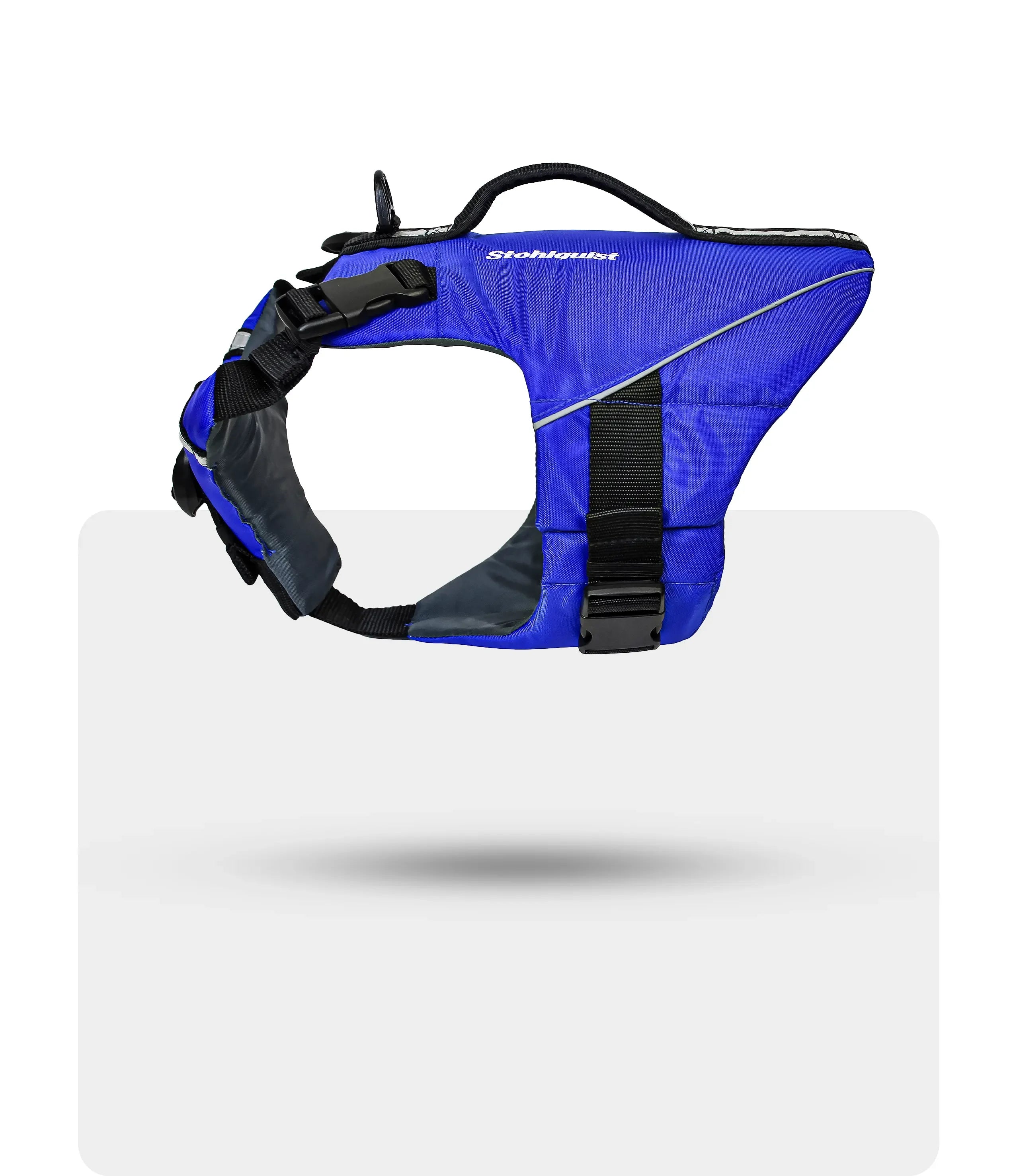 Stohlquist blue dog life jacket with secure straps, side view, on white background