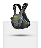 Stohlquist gray kayaking life jacket with yellow accents, adjustable straps, and front pocket