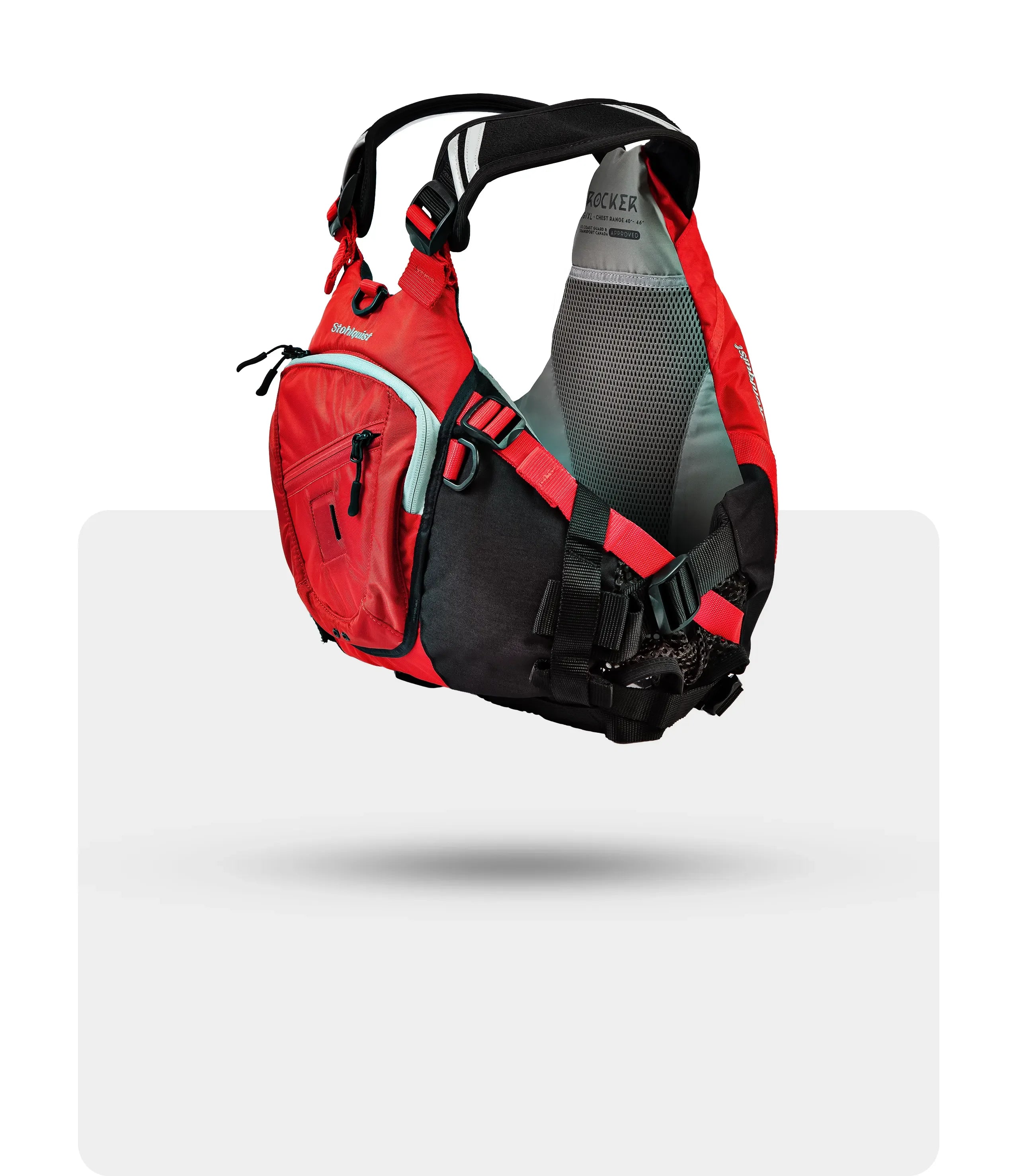 Stohlquist red kayaking life jacket with mesh back and multiple pockets