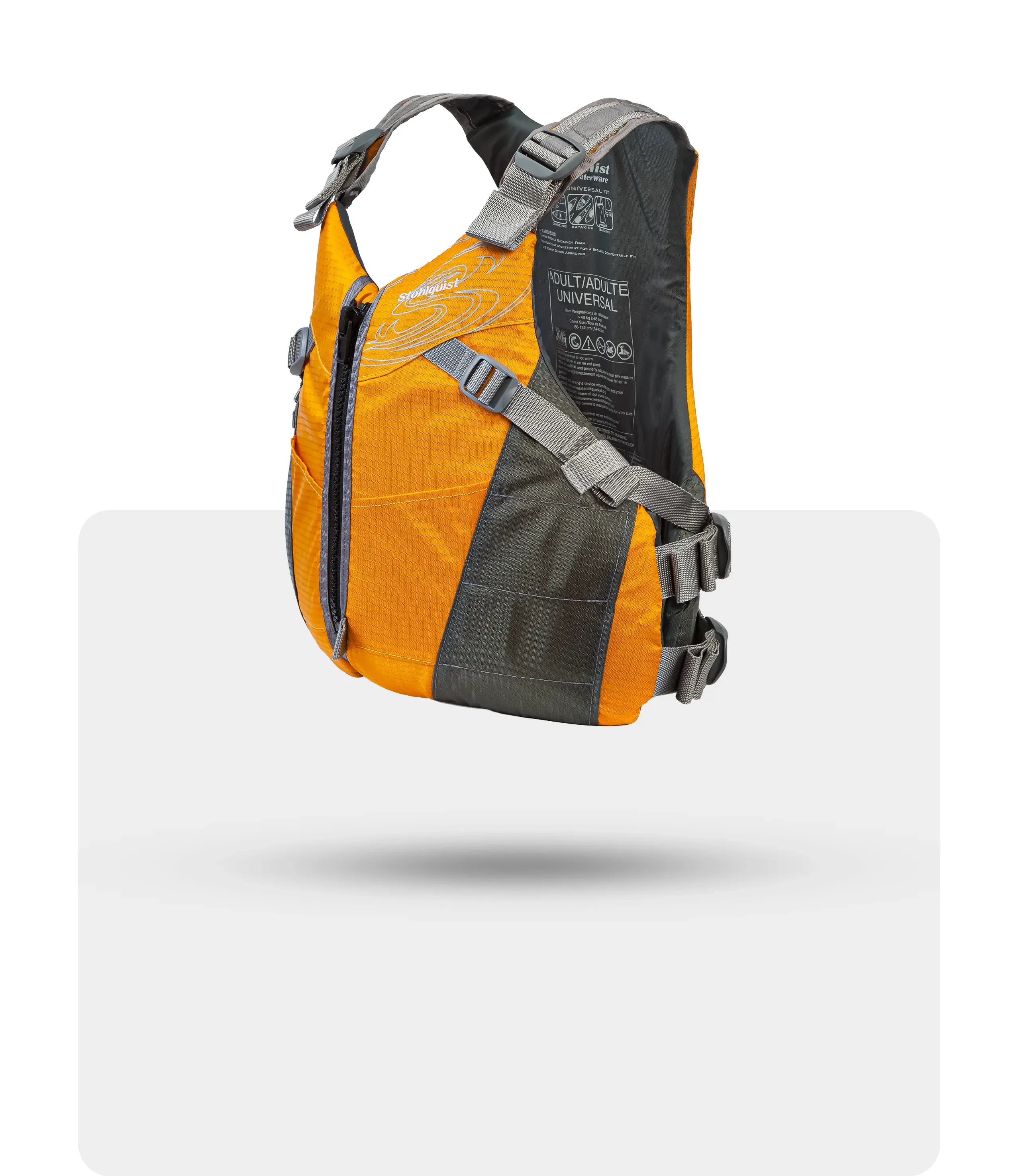 Stohlquist orange and gray adult kayaking life jacket with adjustable straps