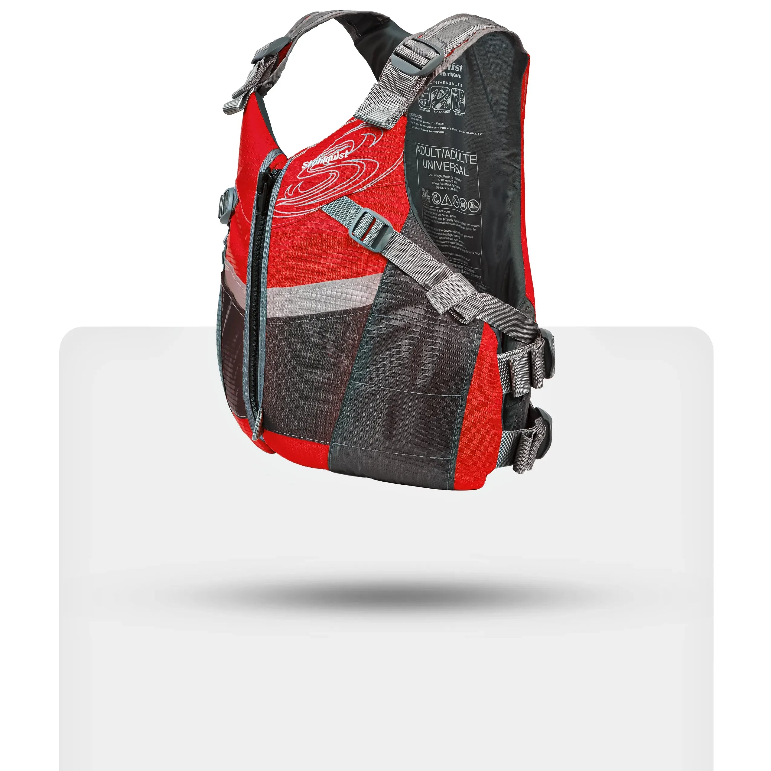 Stohlquist red and gray adult kayaking life jacket with adjustable straps