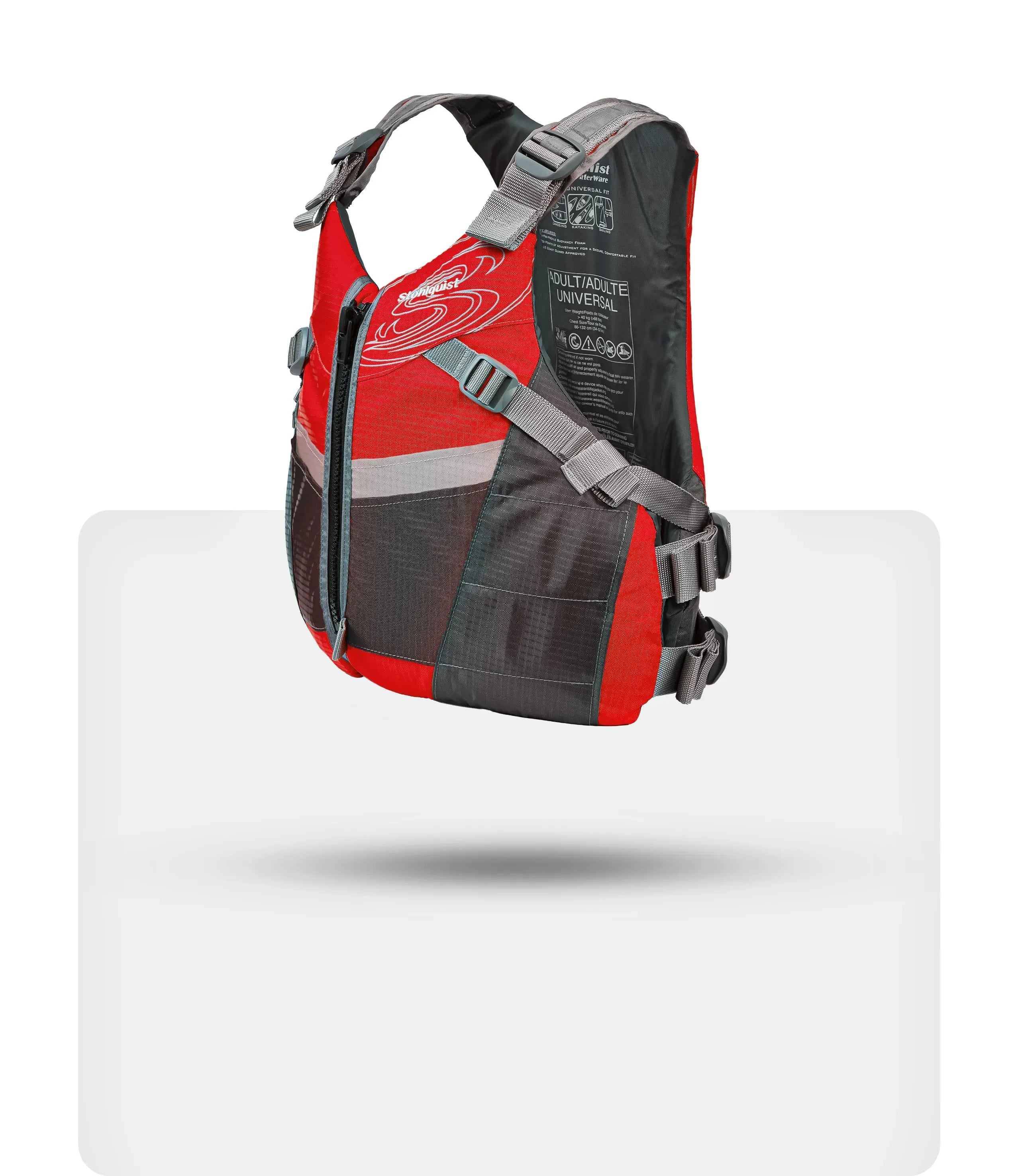 Stohlquist red and gray adult kayaking life jacket with adjustable straps