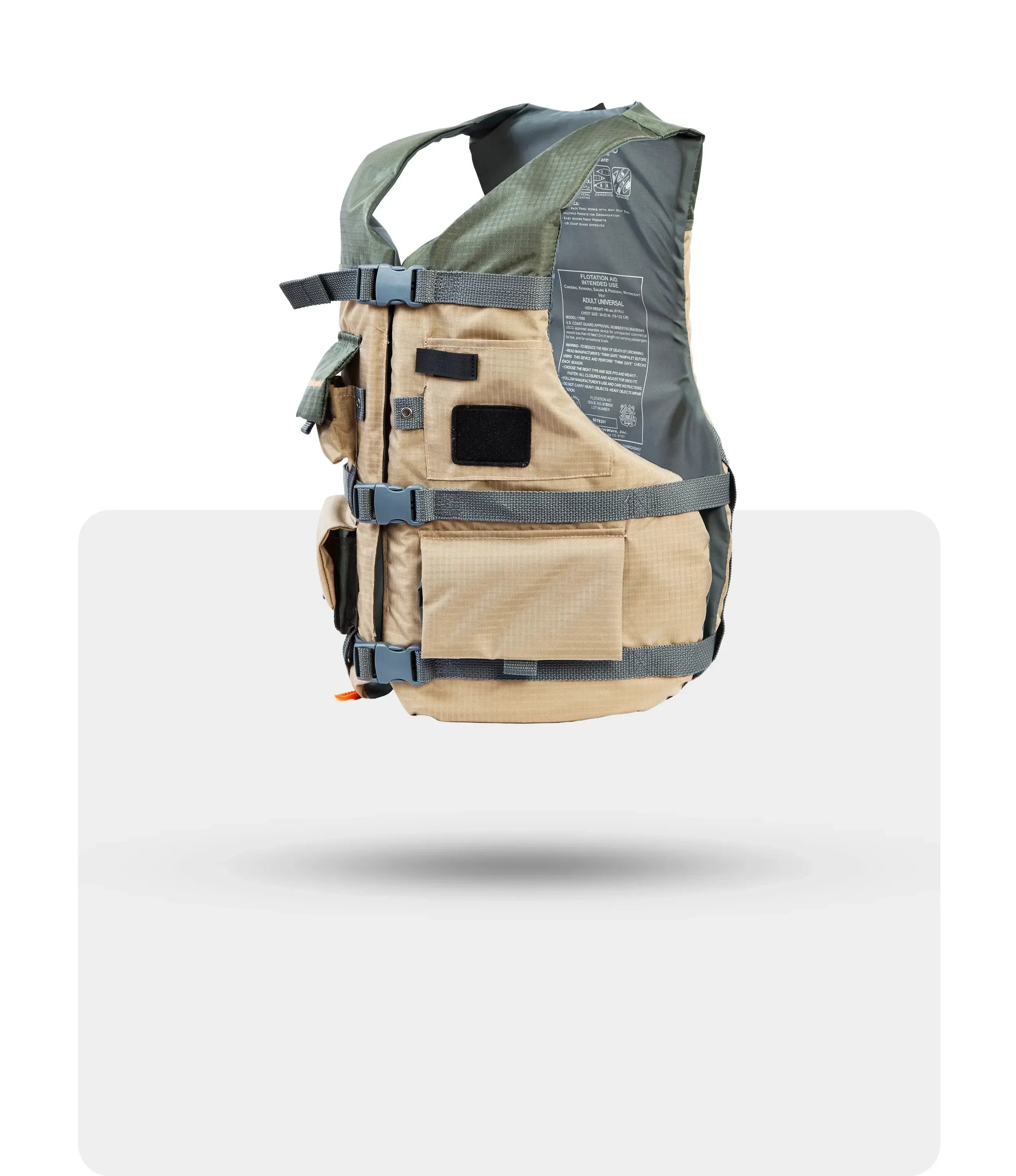 Stohlquist khaki kayak safety vest with multiple pockets and adjustable straps, side view