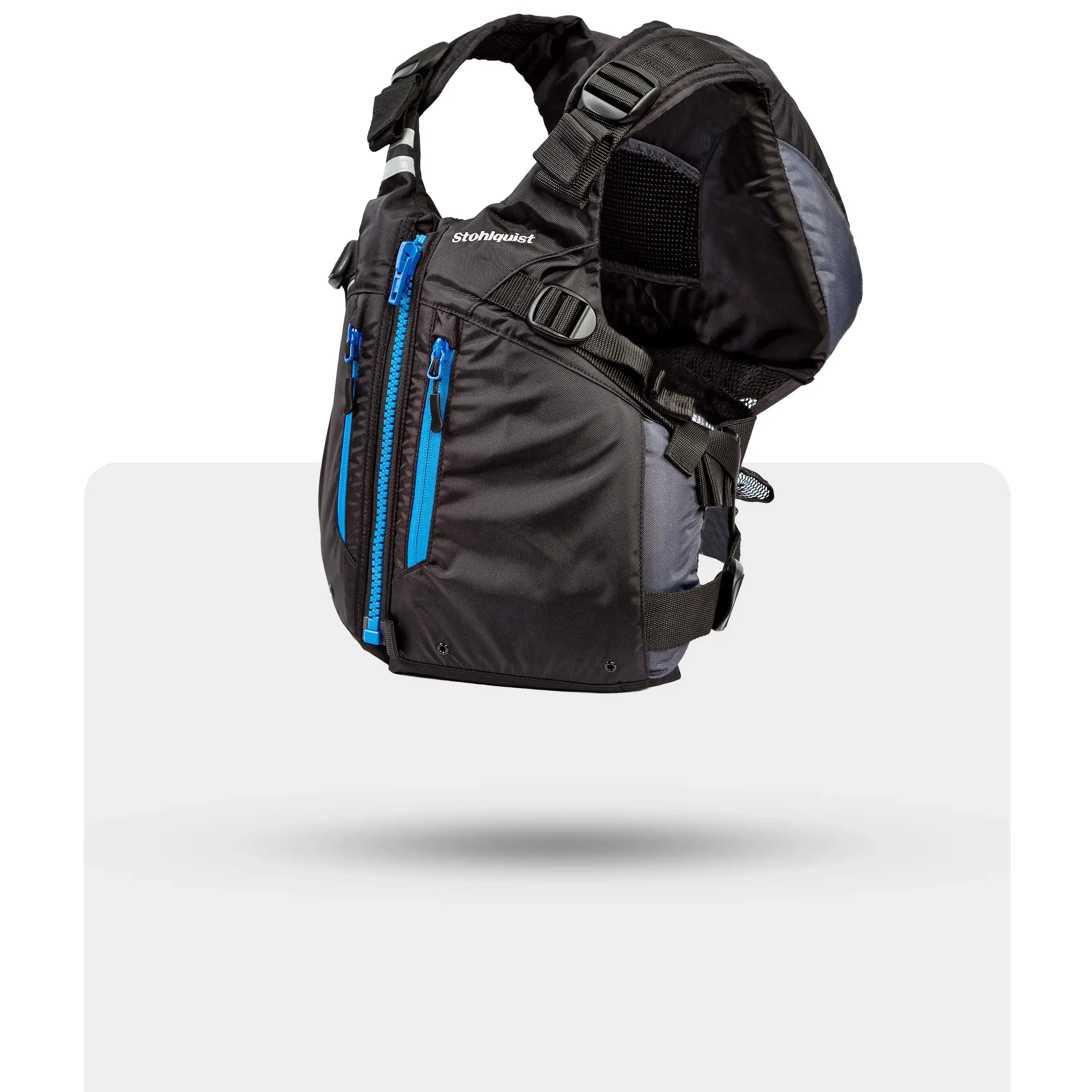 Stohlquist black kayak life jacket with blue zippers, side view, floating on white background