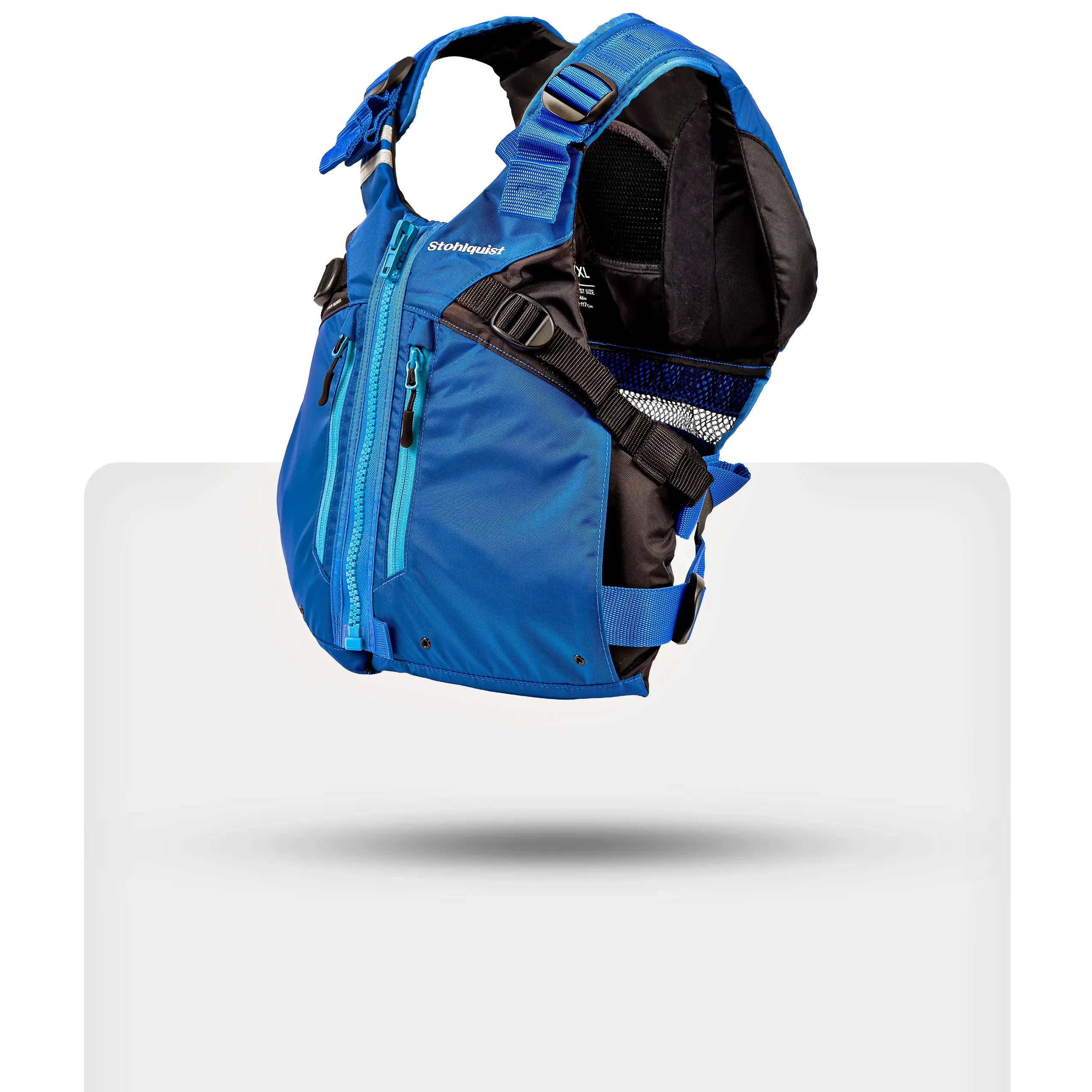 Stohlquist blue kayaking and paddling life jacket with adjustable straps and zip pockets