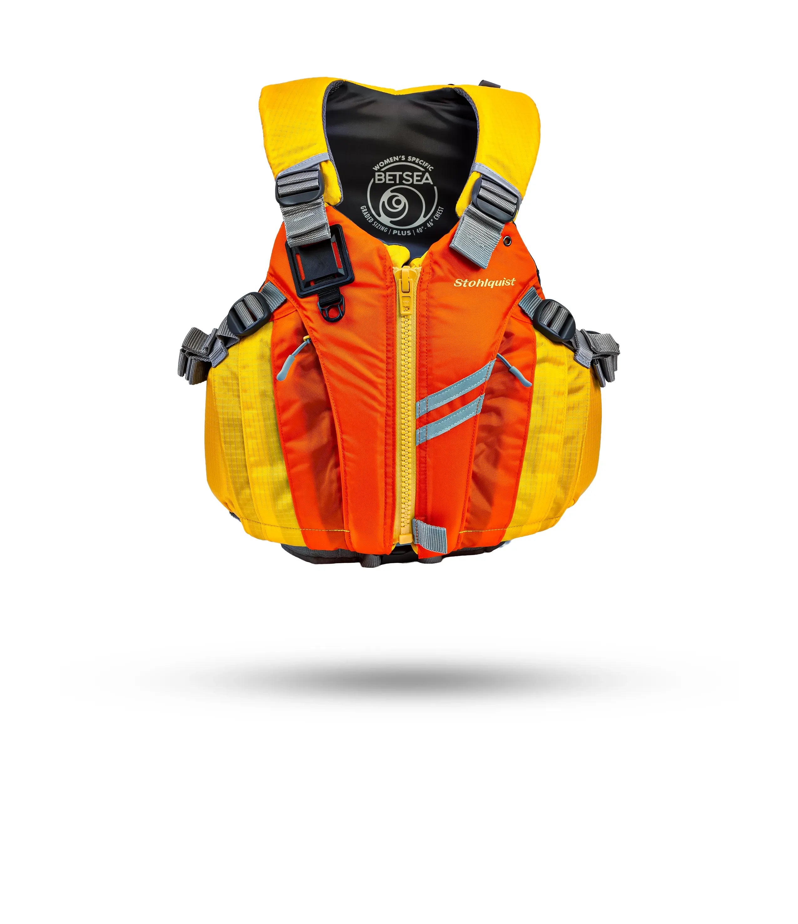 Stohlquist Betsea orange and yellow women's kayaking life jacket with reflective accents