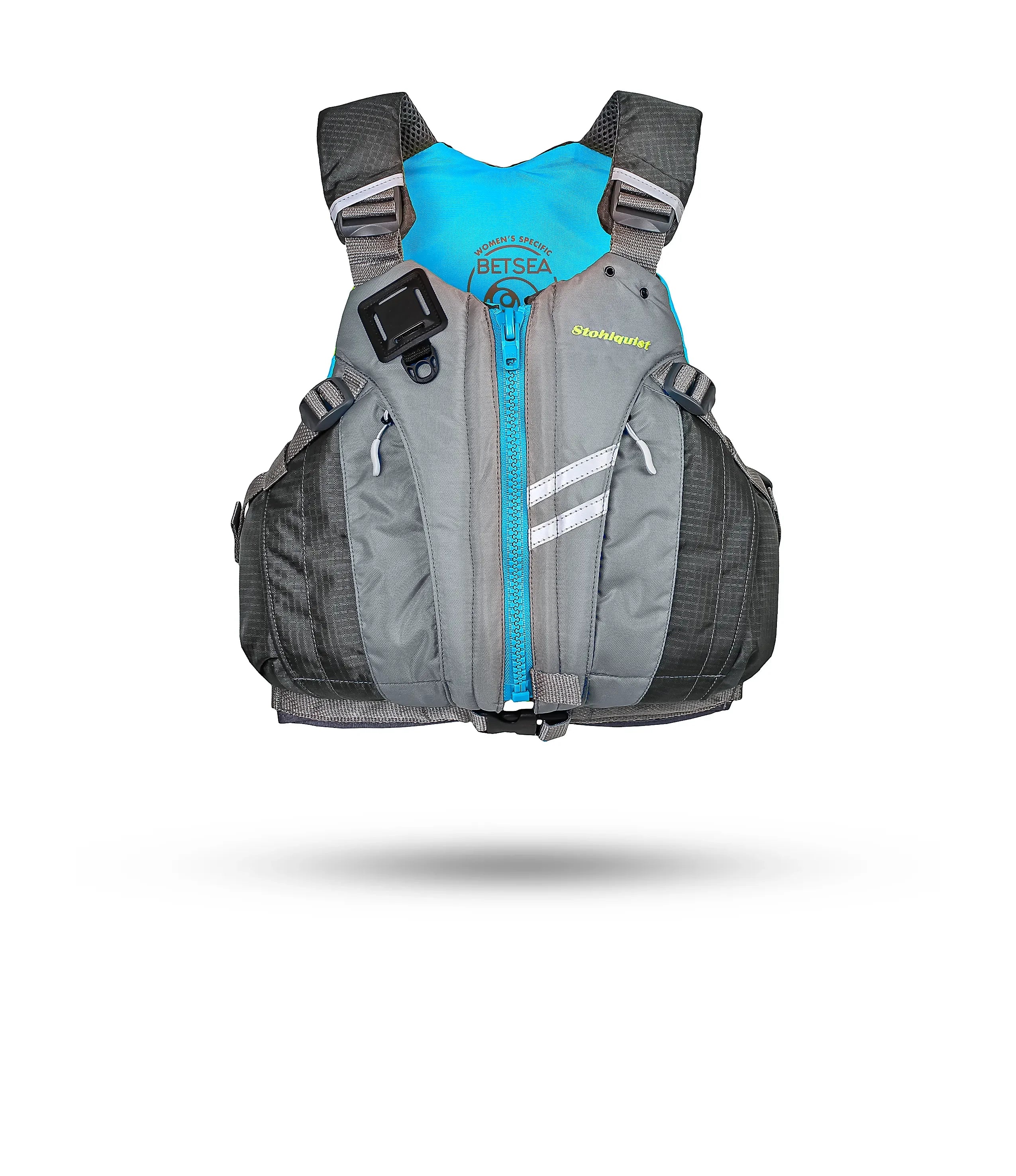 Stohlquist Betsea gray women's kayak life jacket with front zipper and safety features