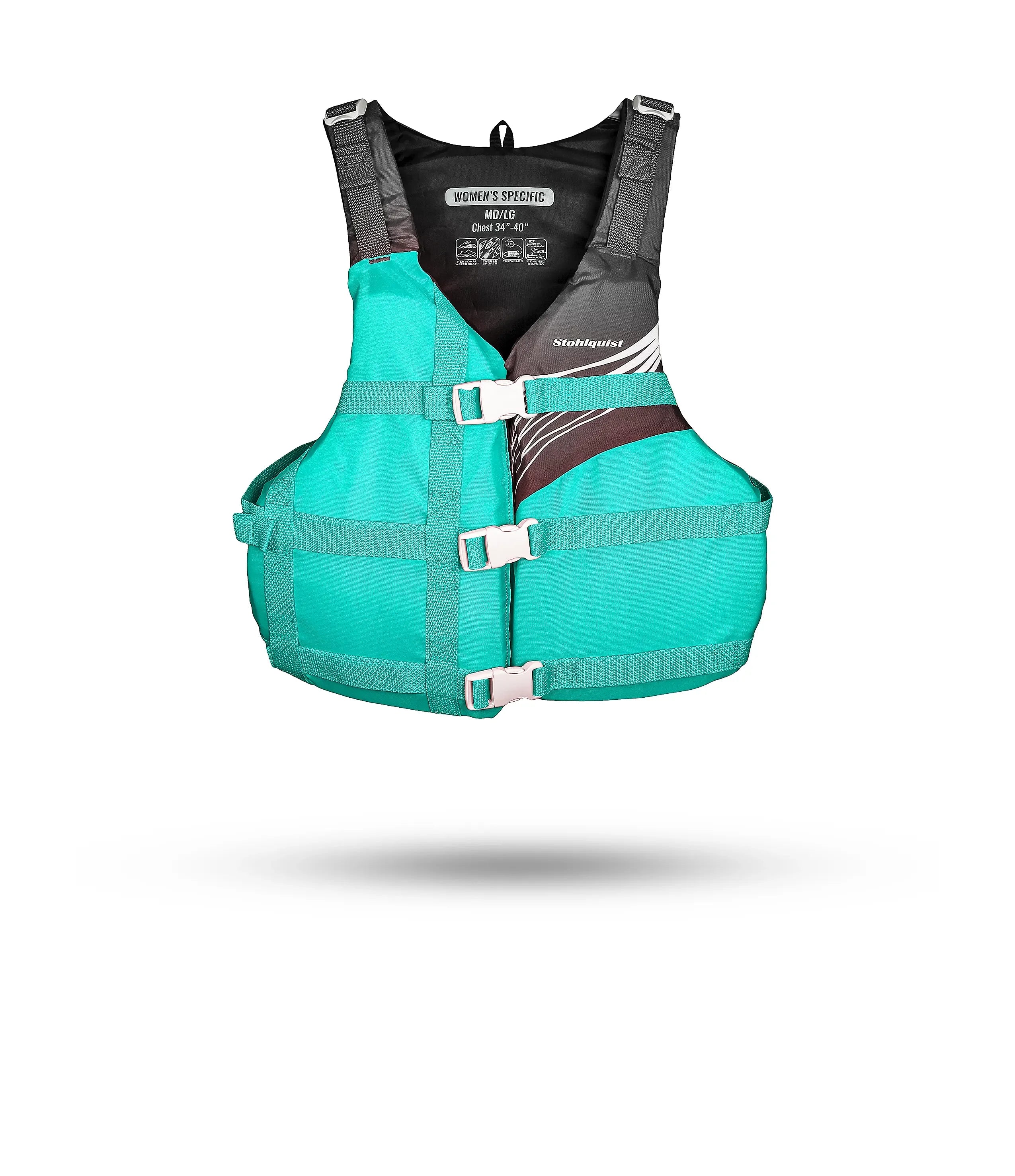 Stohlquist aqua gray women's kayaking life jacket with front buckles and adjustable straps