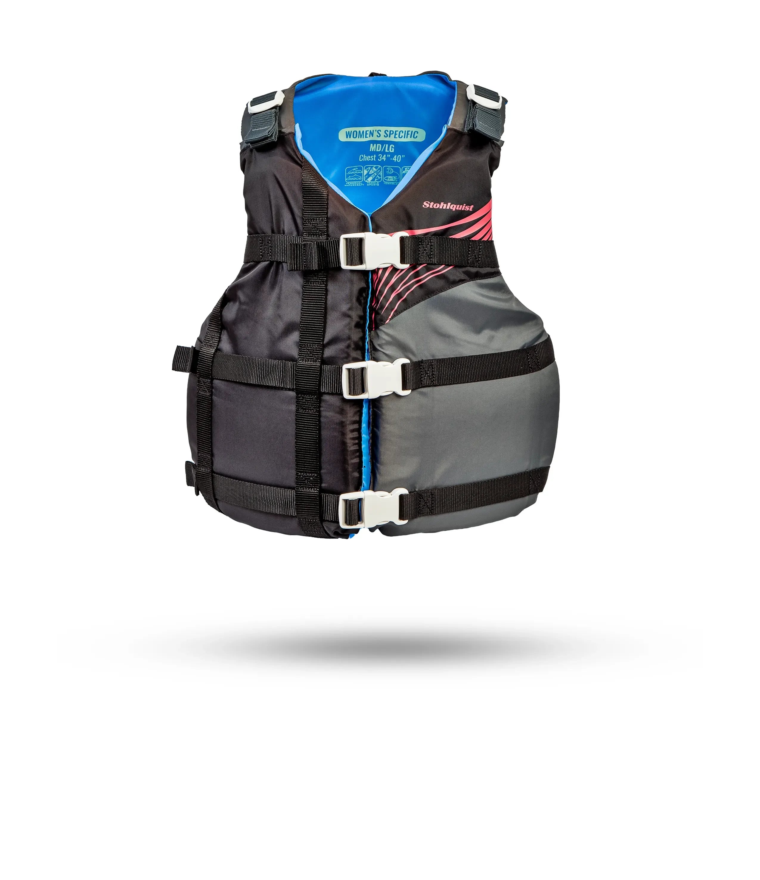 Stohlquist women's black and gray kayaking life jacket with front buckles