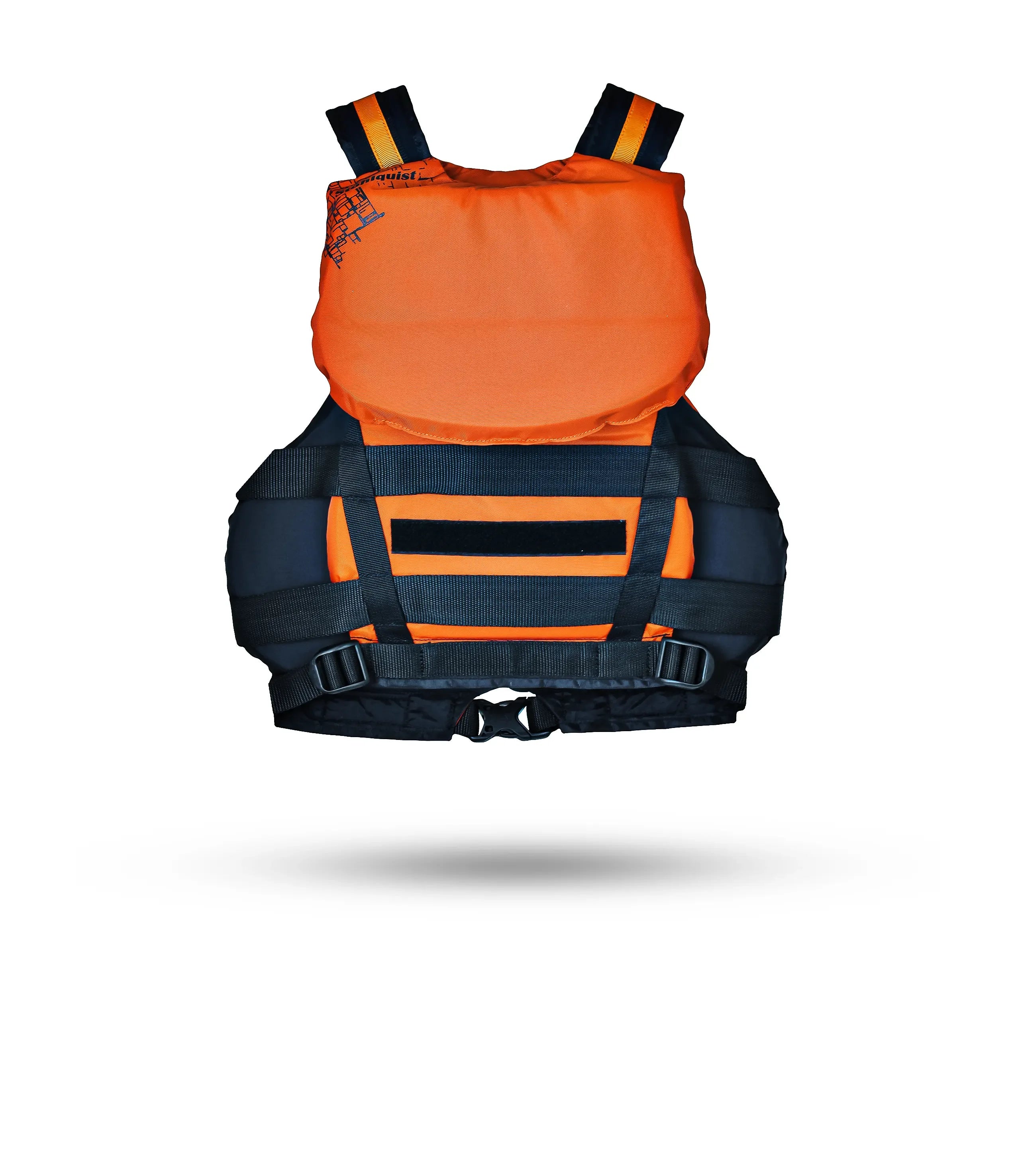 Stohlquist orange youth kayaking life jacket, back view, adjustable black straps