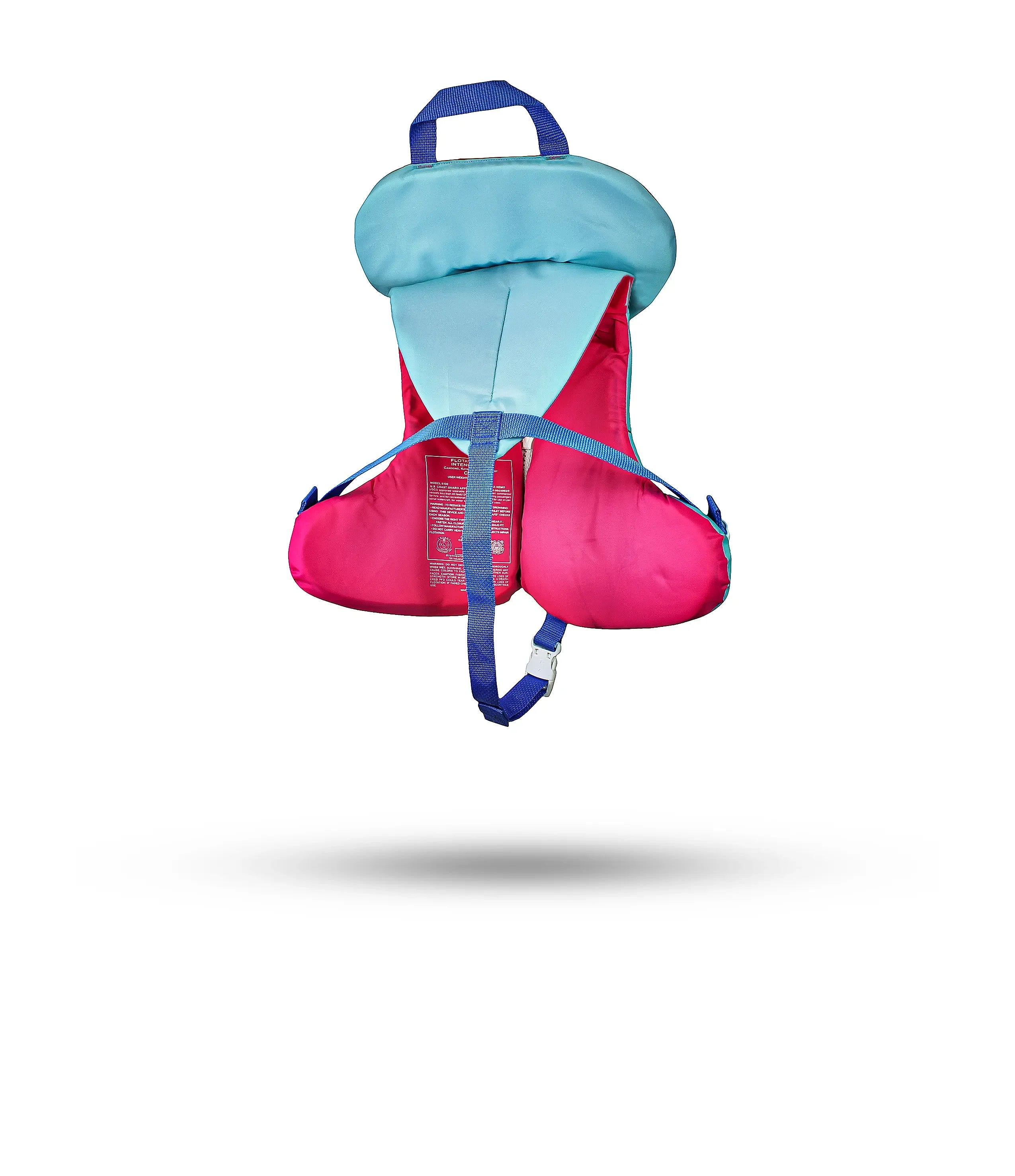 Back view of Stohlquist child aqua pink life jacket with blue handle and safety straps