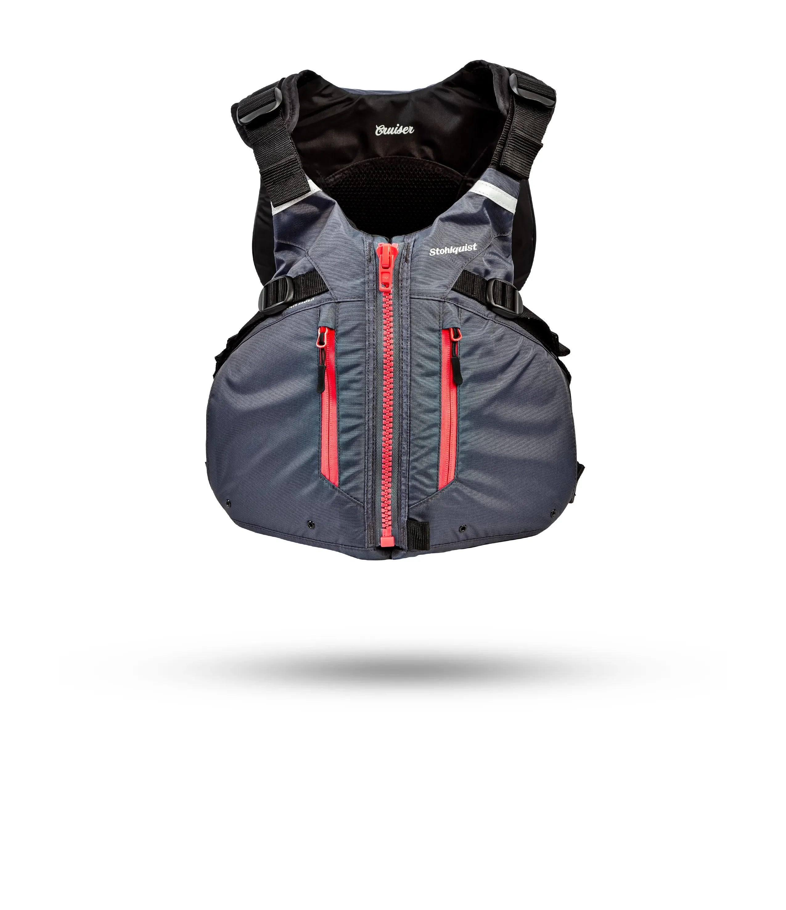 Stohlquist Cruiser gray and coral women's kayak life jacket with front zipper and pockets