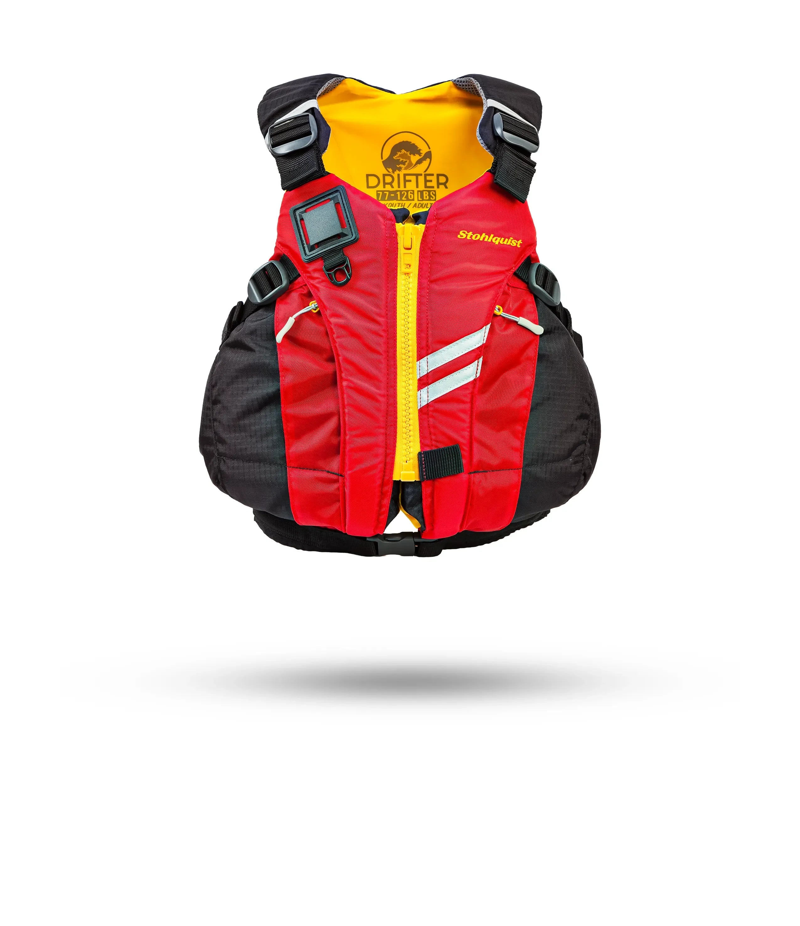 Stohlquist red youth kayaking life jacket with reflective stripes and front zip