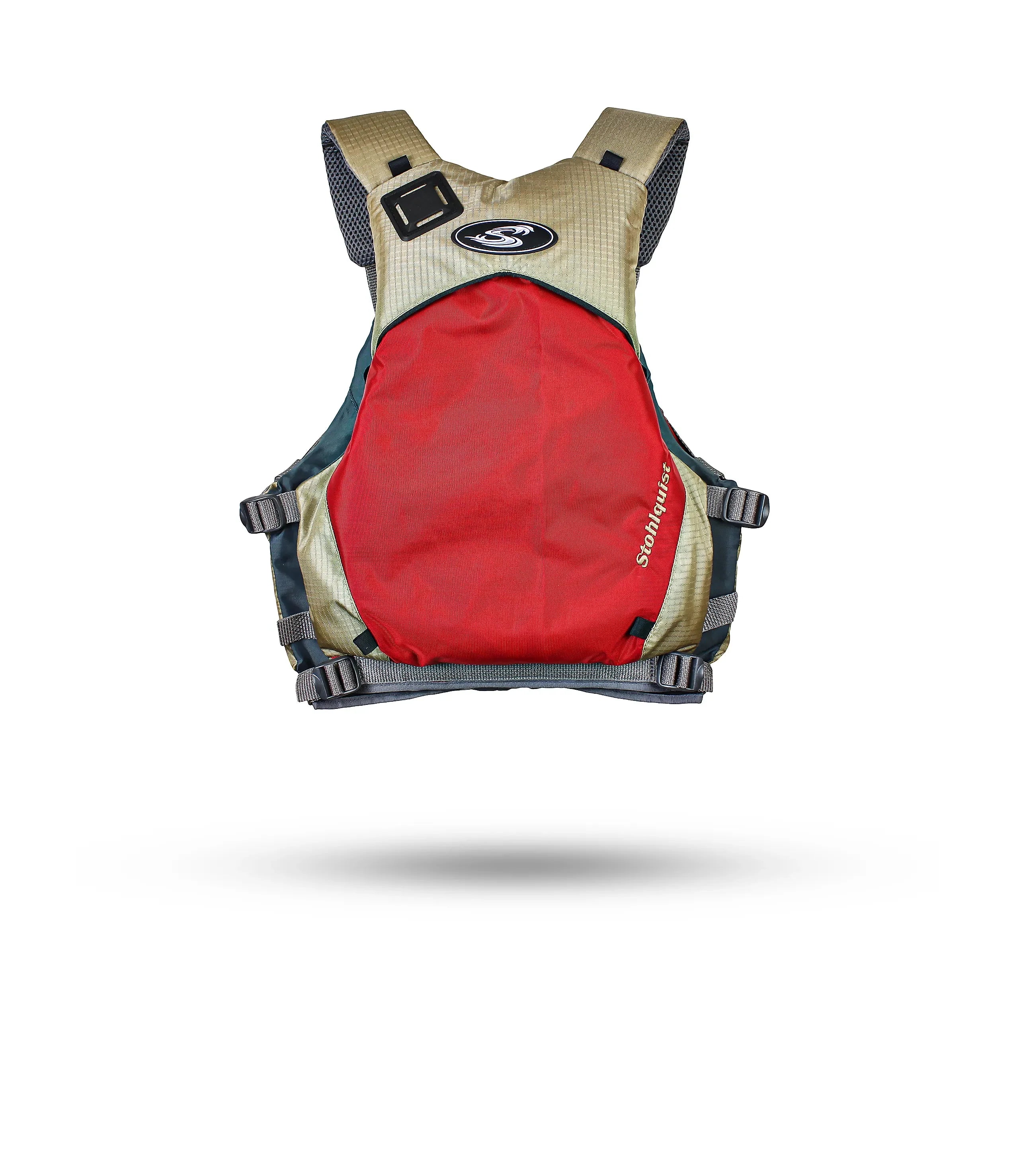 Stohlquist red and tan kayaking safety life jacket with adjustable straps, front view