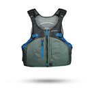 Stohlquist green and blue kayaking life jacket with front zipper and adjustable straps
