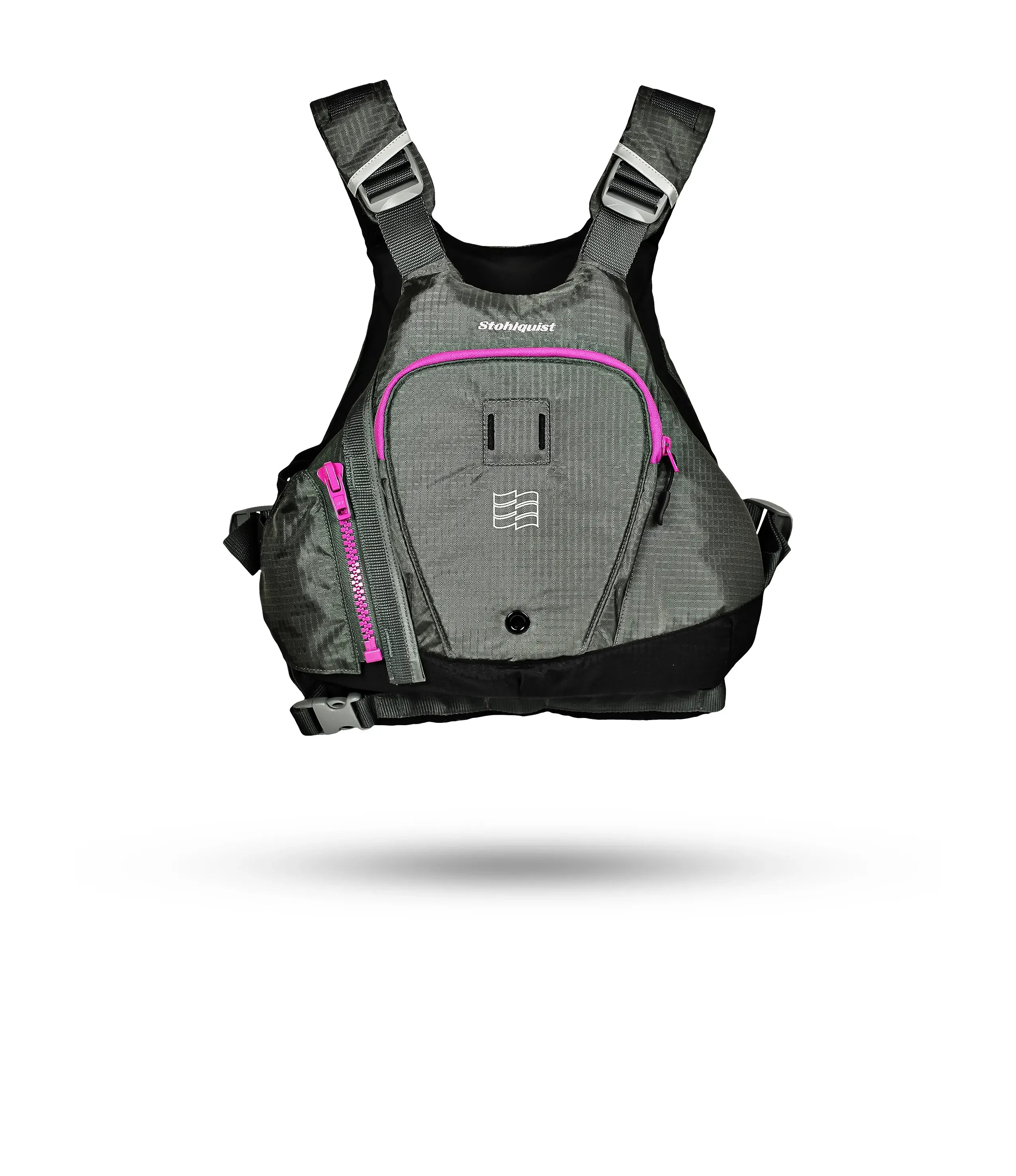 Stohlquist gray kayaking life jacket with pink accents, front view, safety gear
