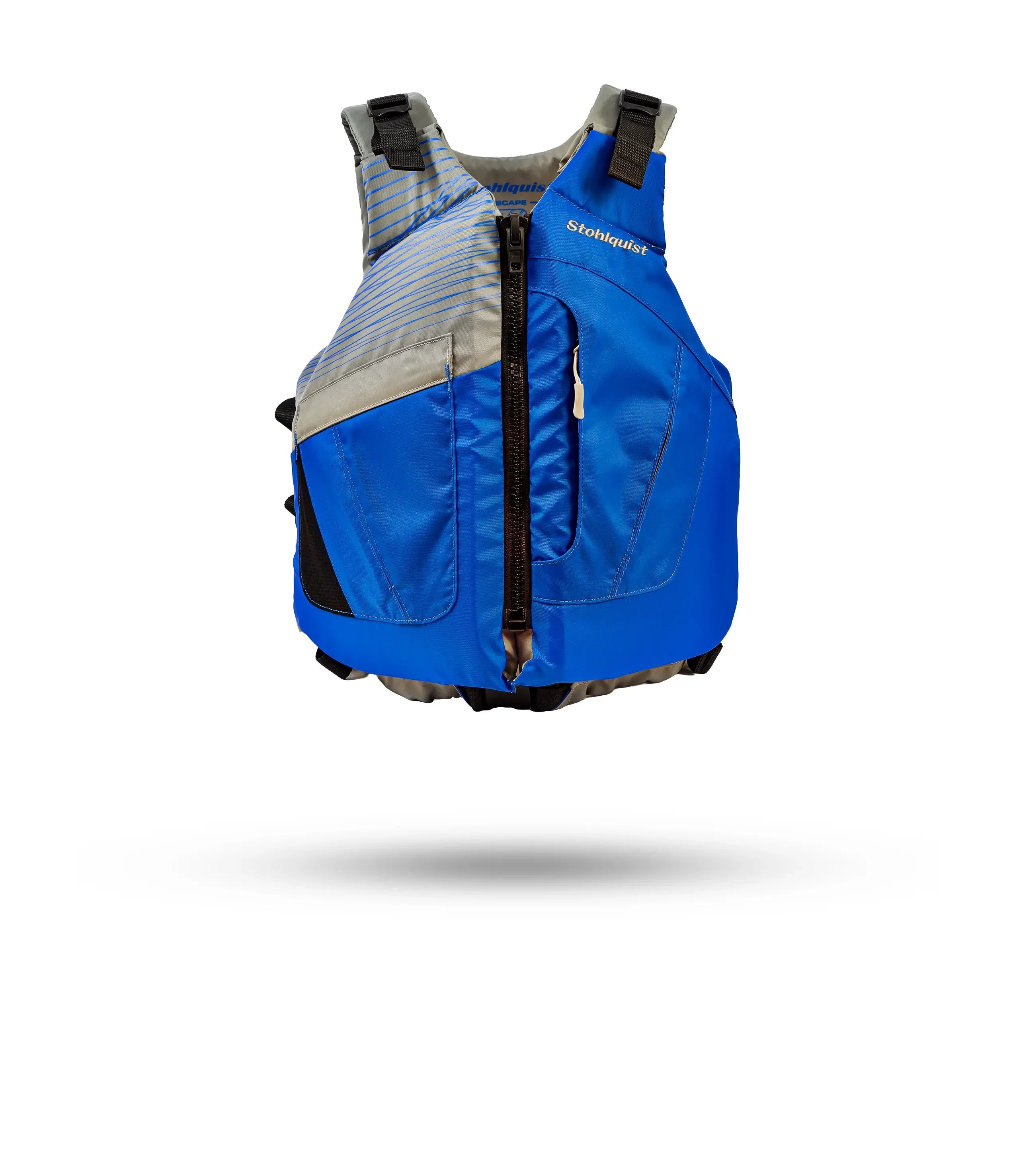 Stohlquist Escape Azure blue kayaking life jacket with front zipper on white background