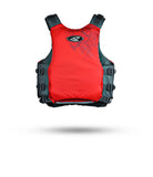 Stohlquist red kayaking life jacket with adjustable straps, back view on white background