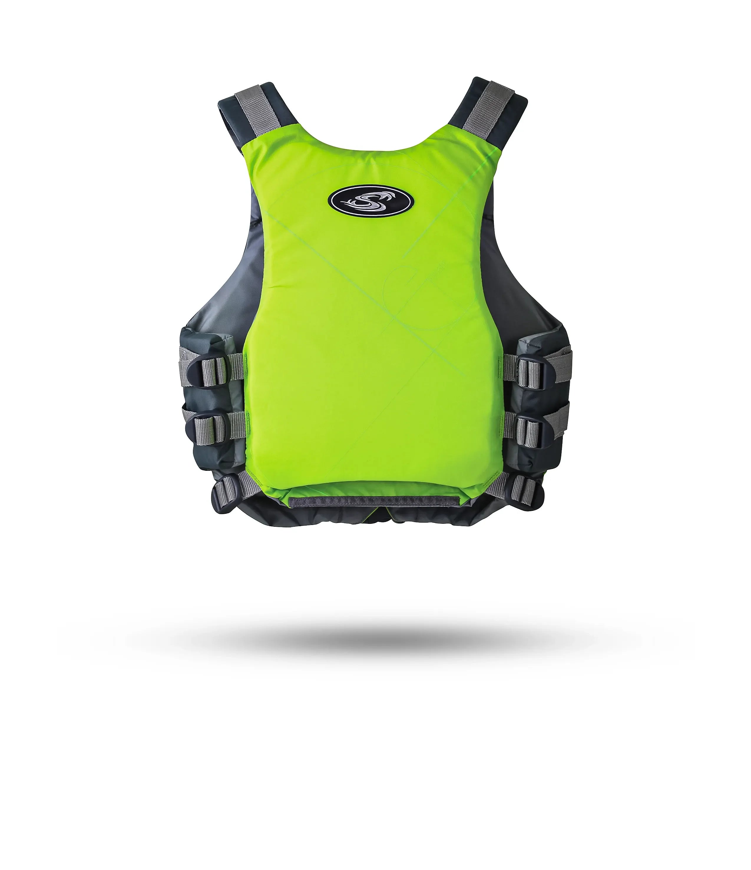 Stohlquist lime green kayaking life jacket with adjustable straps, back view on white background