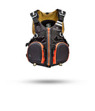 Stohlquist black fishing life jacket with front pockets and orange accents on white background