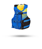 Stohlquist blue and black kayaking life jacket with adjustable straps, front view