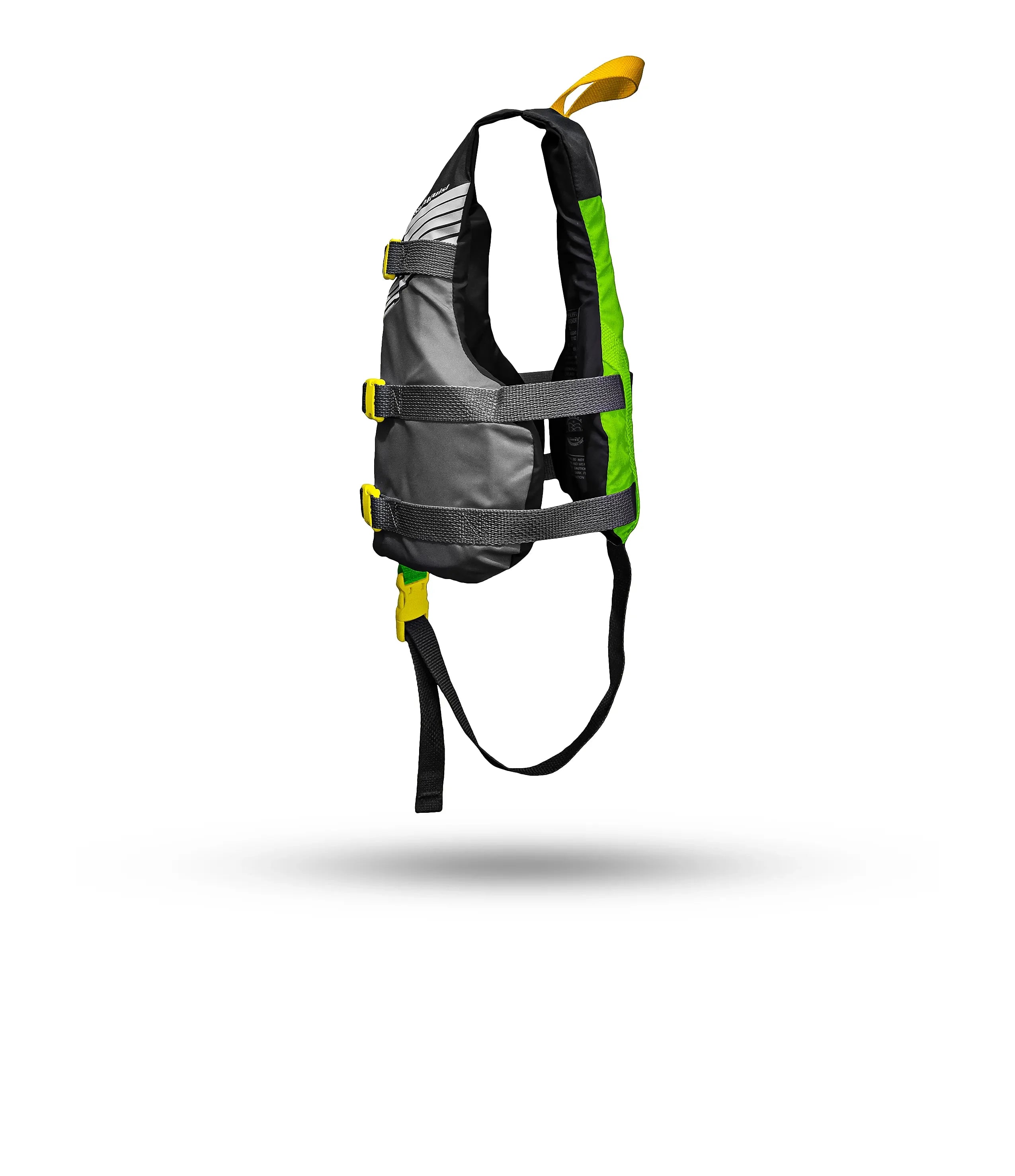 Stohlquist child kayak life jacket gray and green with safety buckles, side view