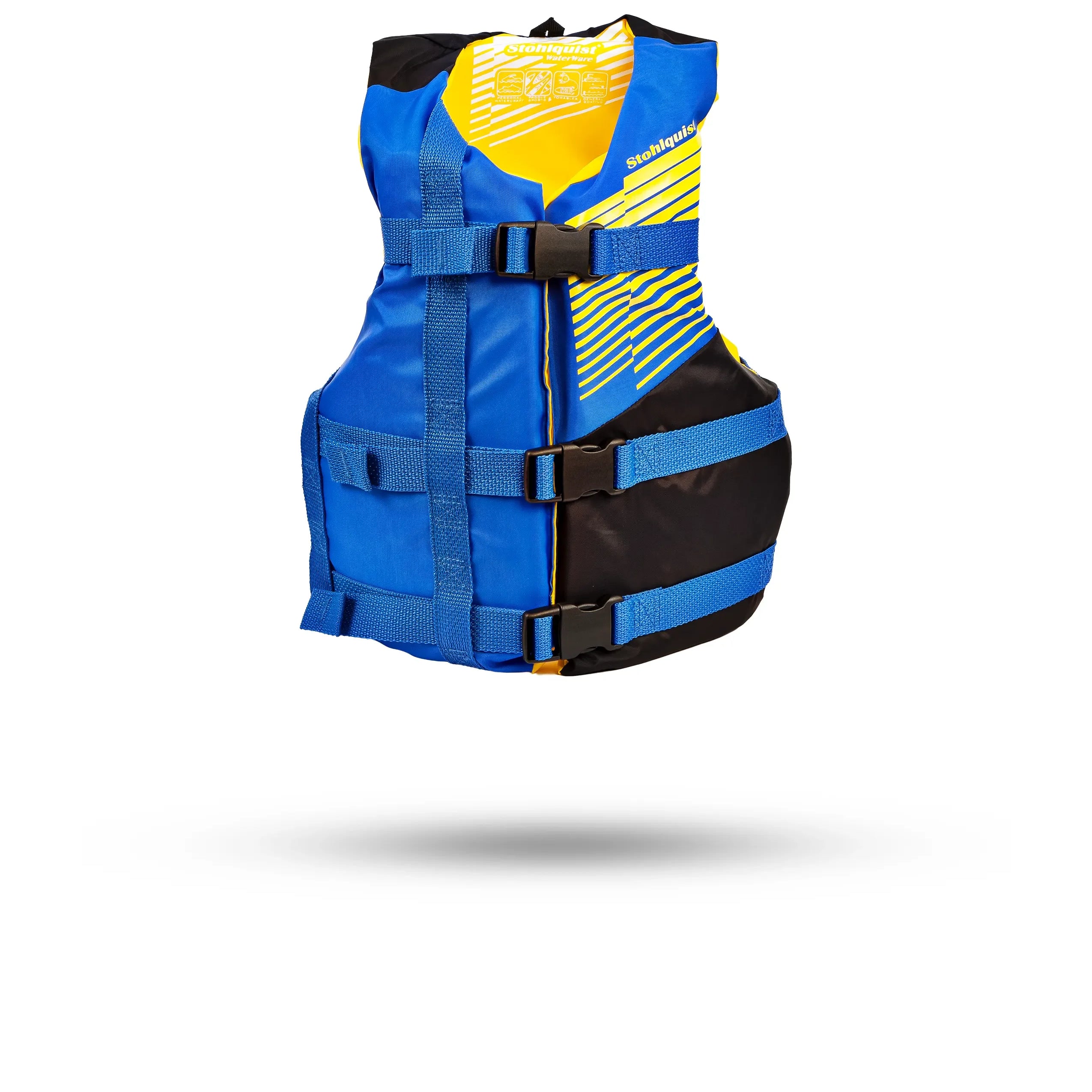 Stohlquist youth blue and black kayak life jacket with front buckles and safety straps
