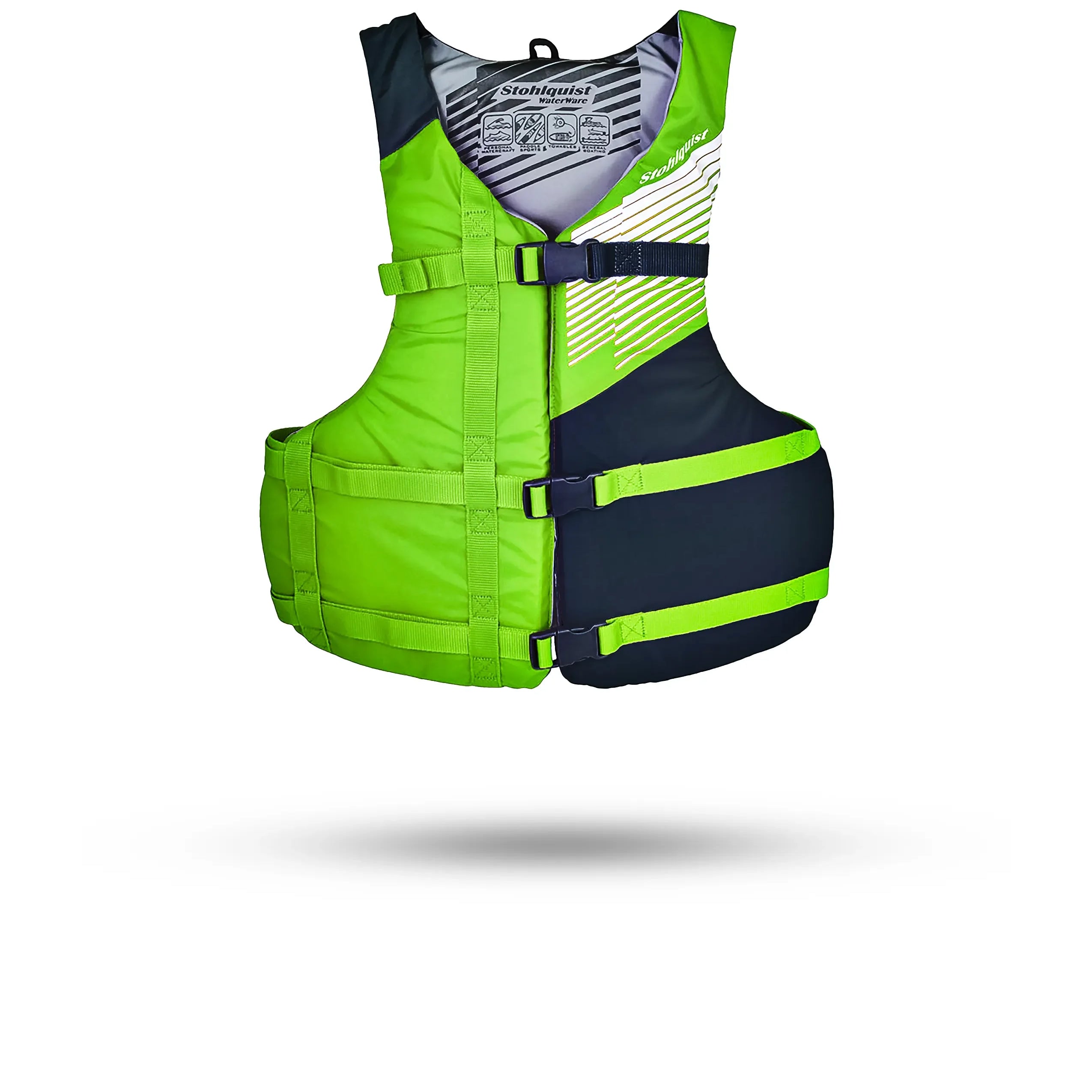 Stohlquist youth lime and black life jacket for kayaking and paddling safety.