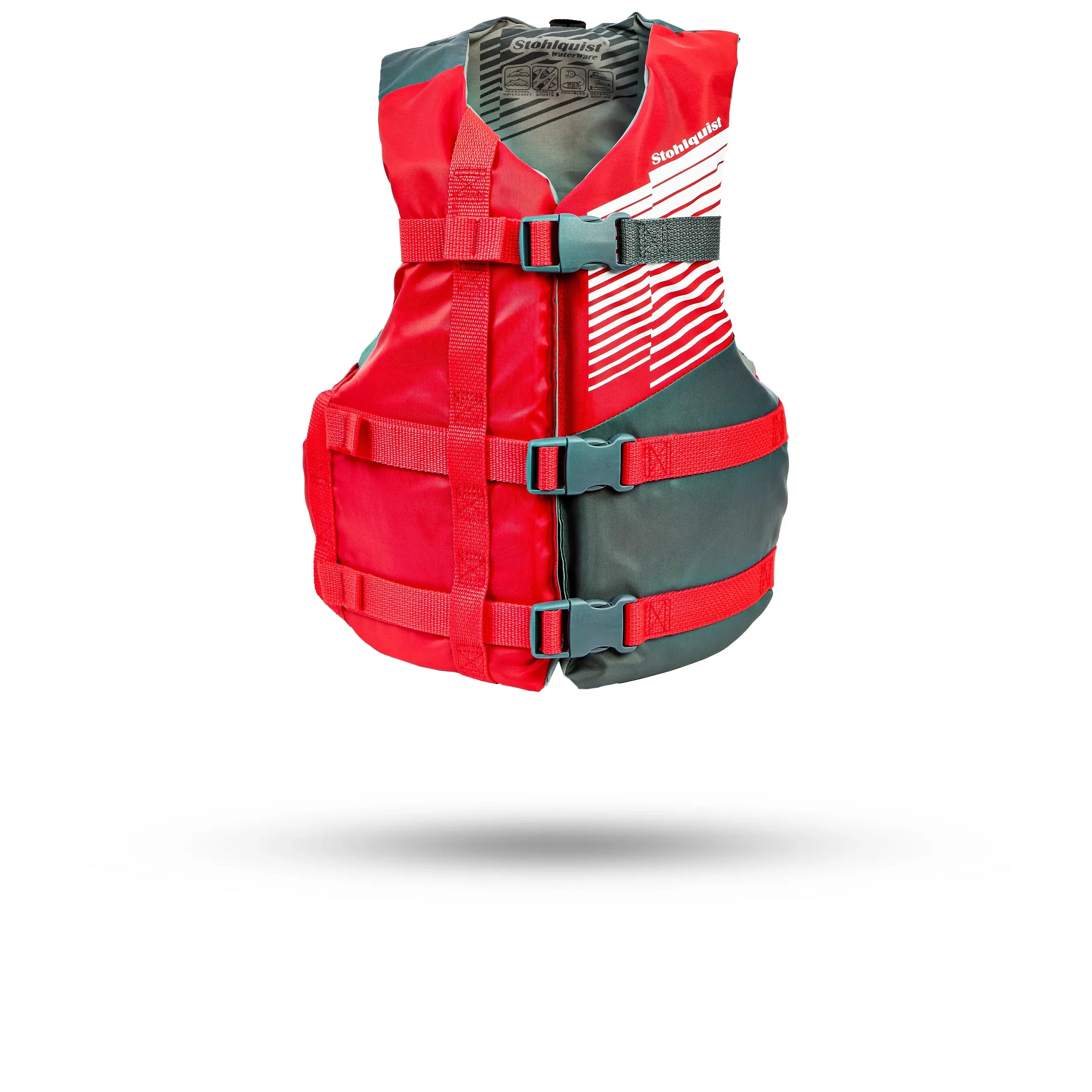 Stohlquist youth red and gray kayaking life jacket with adjustable safety straps