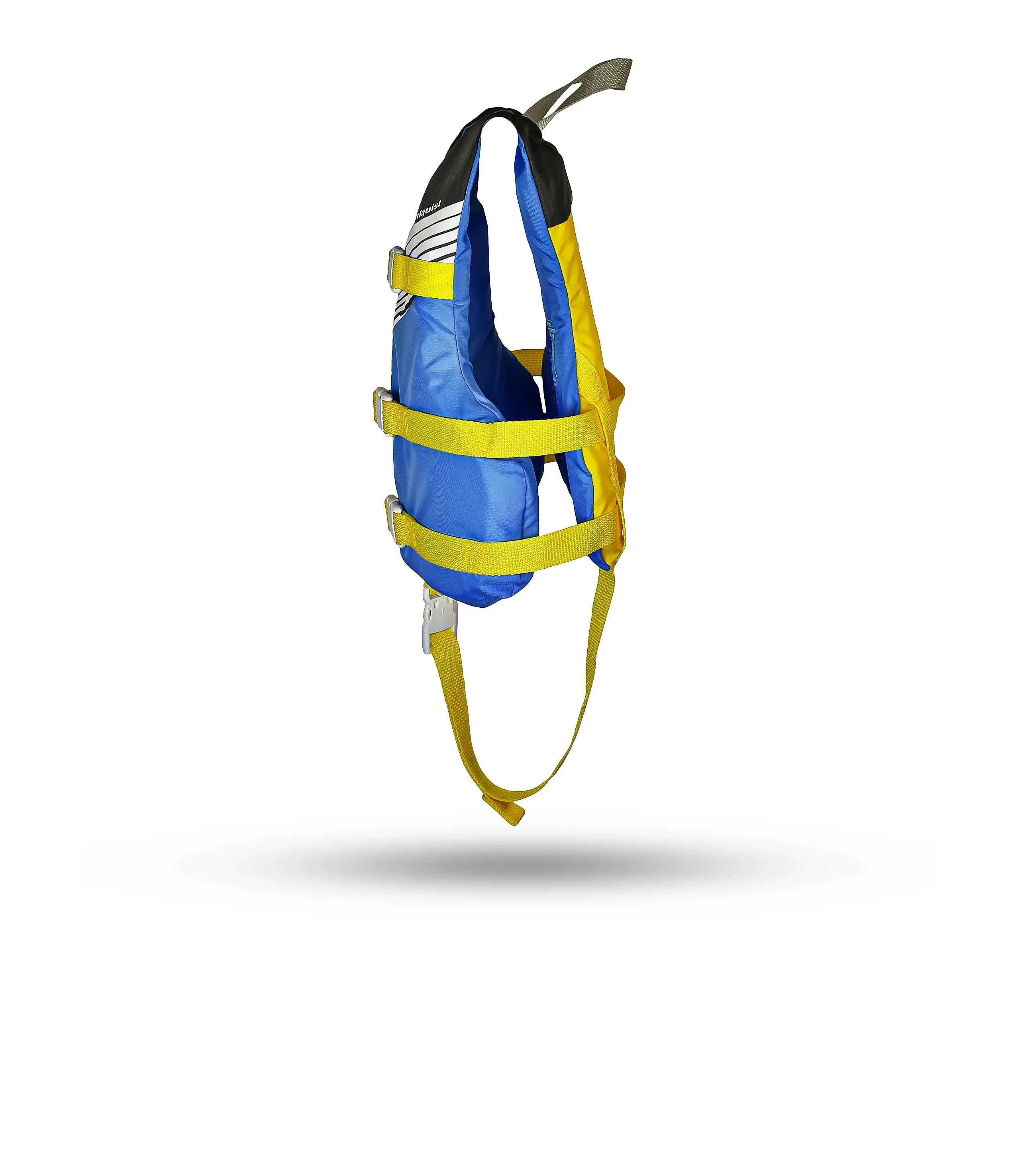 Stohlquist blue and yellow kids' kayak life jacket with adjustable straps, side view