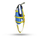 Stohlquist blue and yellow kids' kayak life jacket with adjustable straps, side view