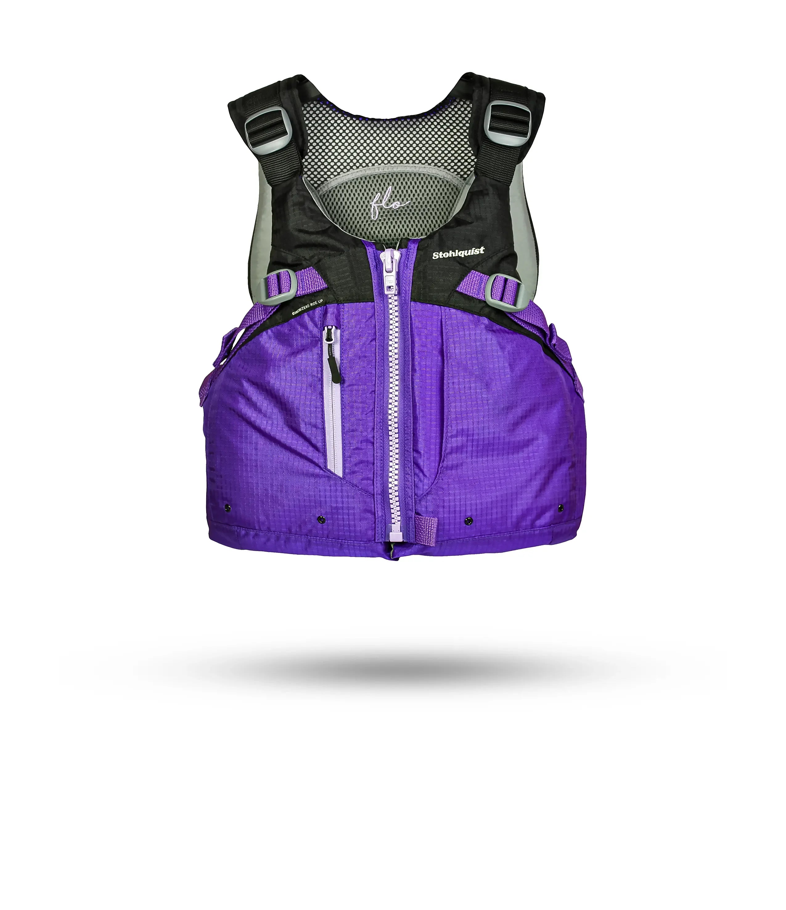 Stohlquist purple and black kayaking life jacket with front zipper and mesh back panel