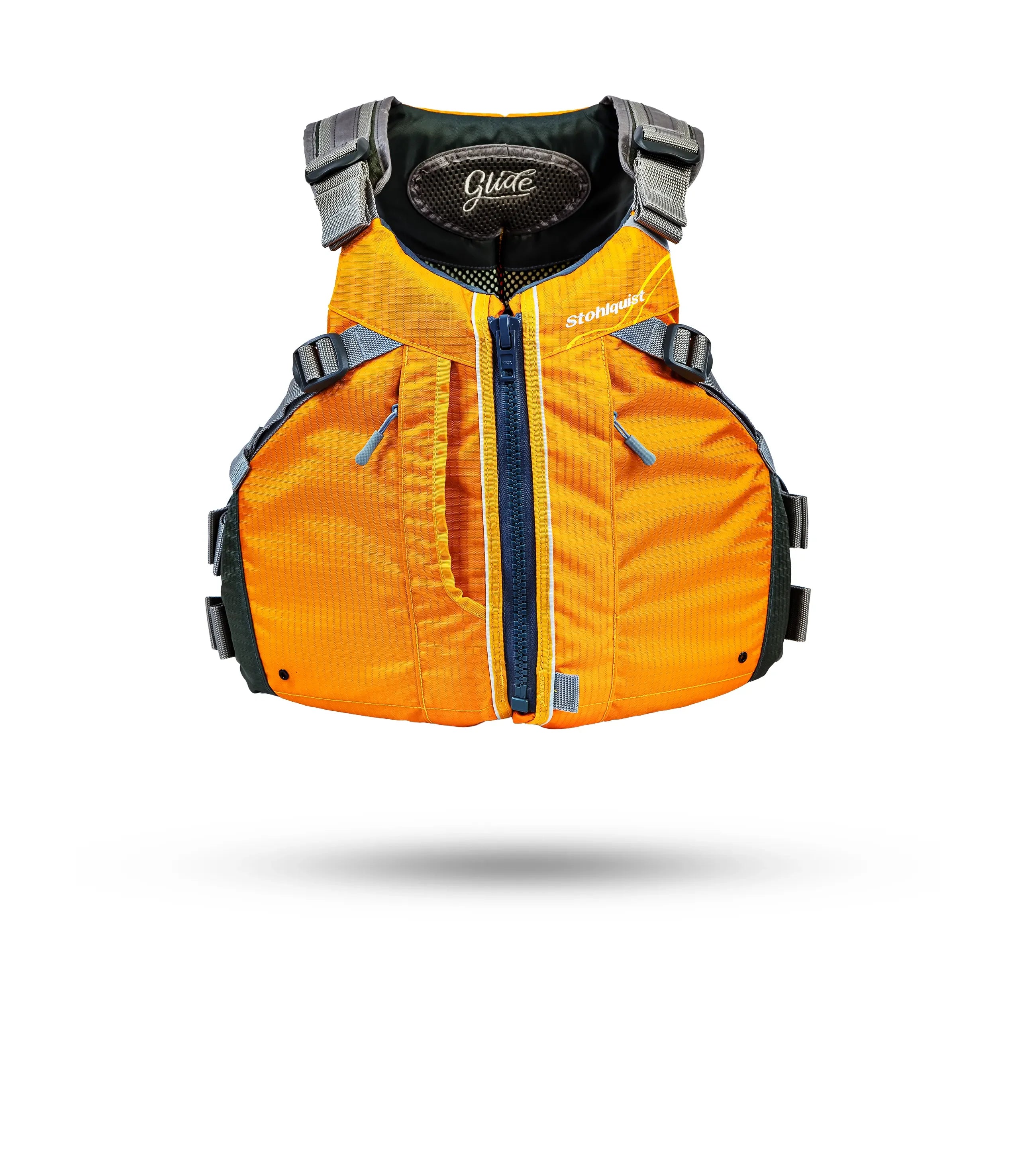 Stohlquist Glide orange kayaking life jacket with front zip and adjustable straps