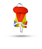 Stohlquist infant life jacket in yellow, orange, and blue with safety straps, back view.