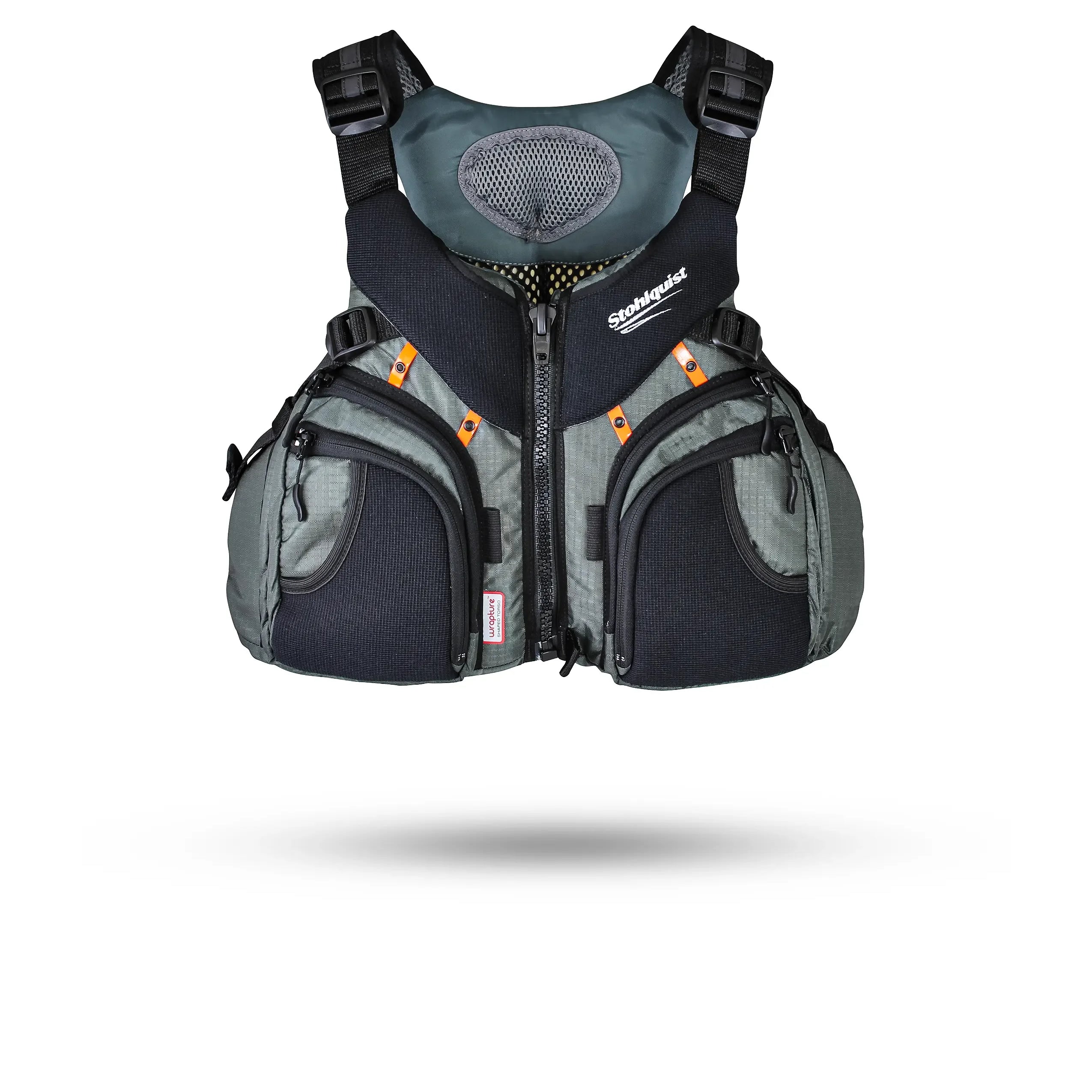 Stohlquist gray kayaking life jacket with front zipper and mesh panel, water safety gear