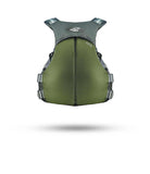 Stohlquist green kayaking life jacket back view with adjustable straps on white background