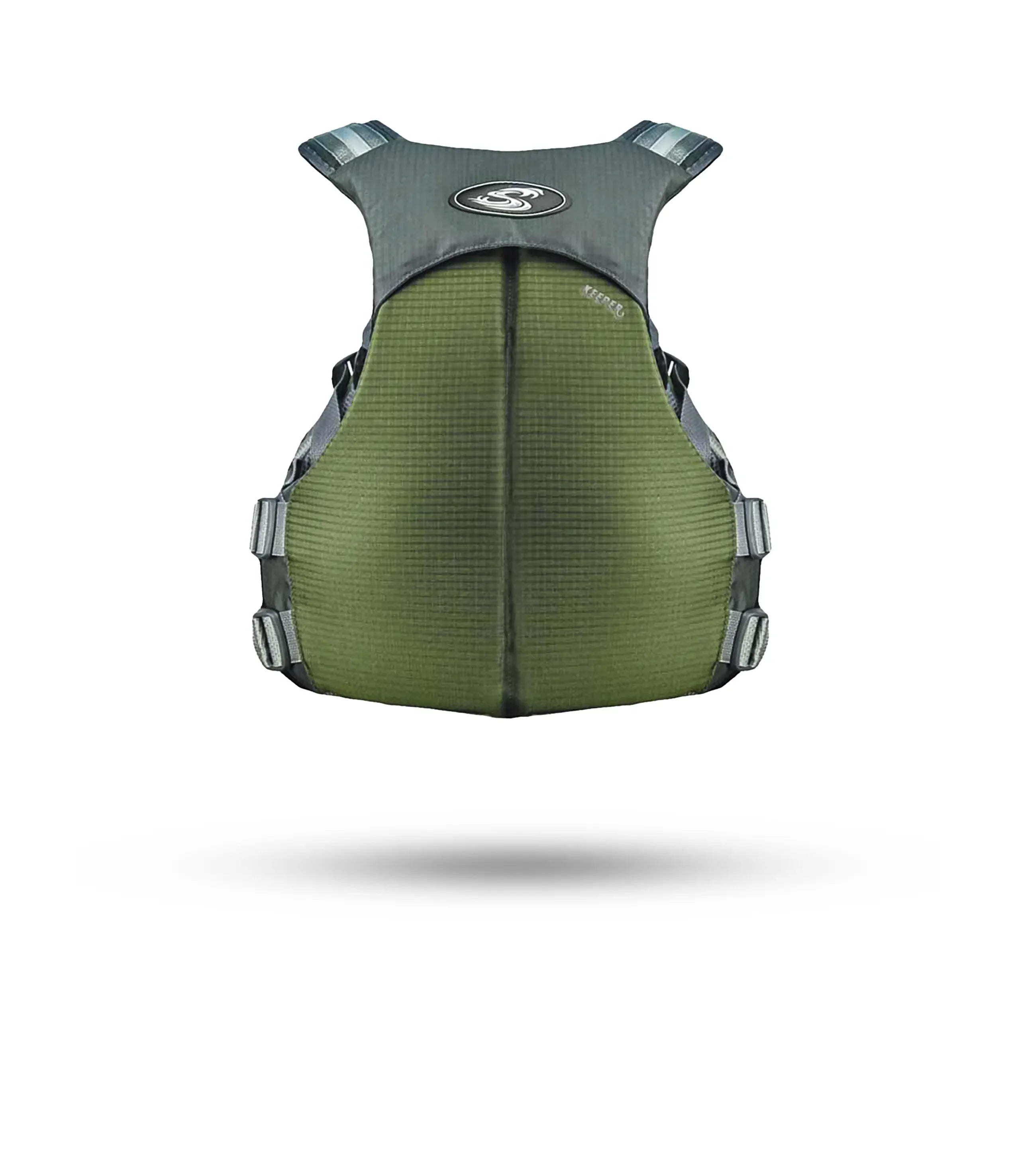 Stohlquist green kayaking life jacket back view with adjustable straps on white background