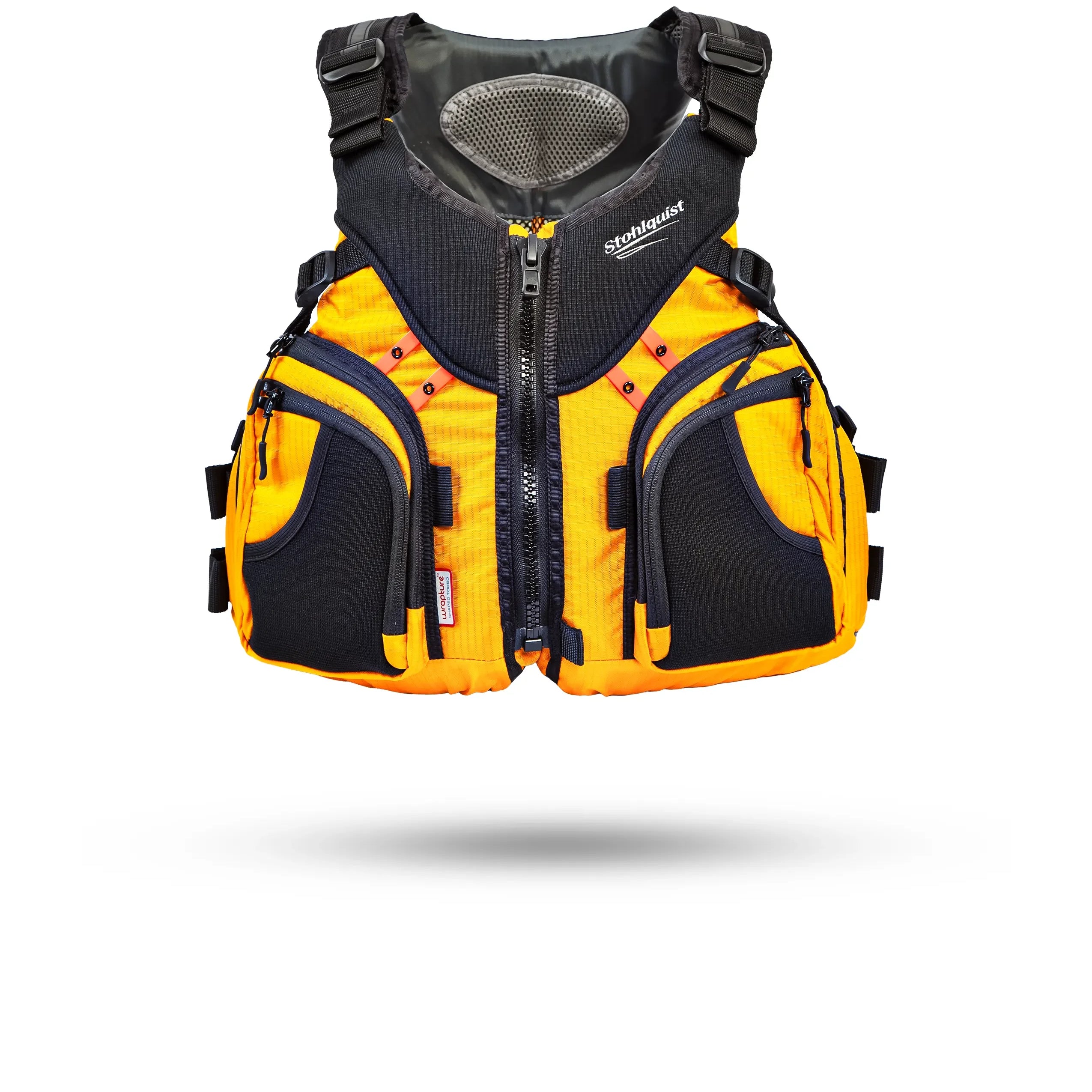 Stohlquist yellow kayak life jacket with zipper and storage pockets on white background