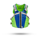 Stohlquist kayak life jacket in blue and green with front zipper and adjustable straps