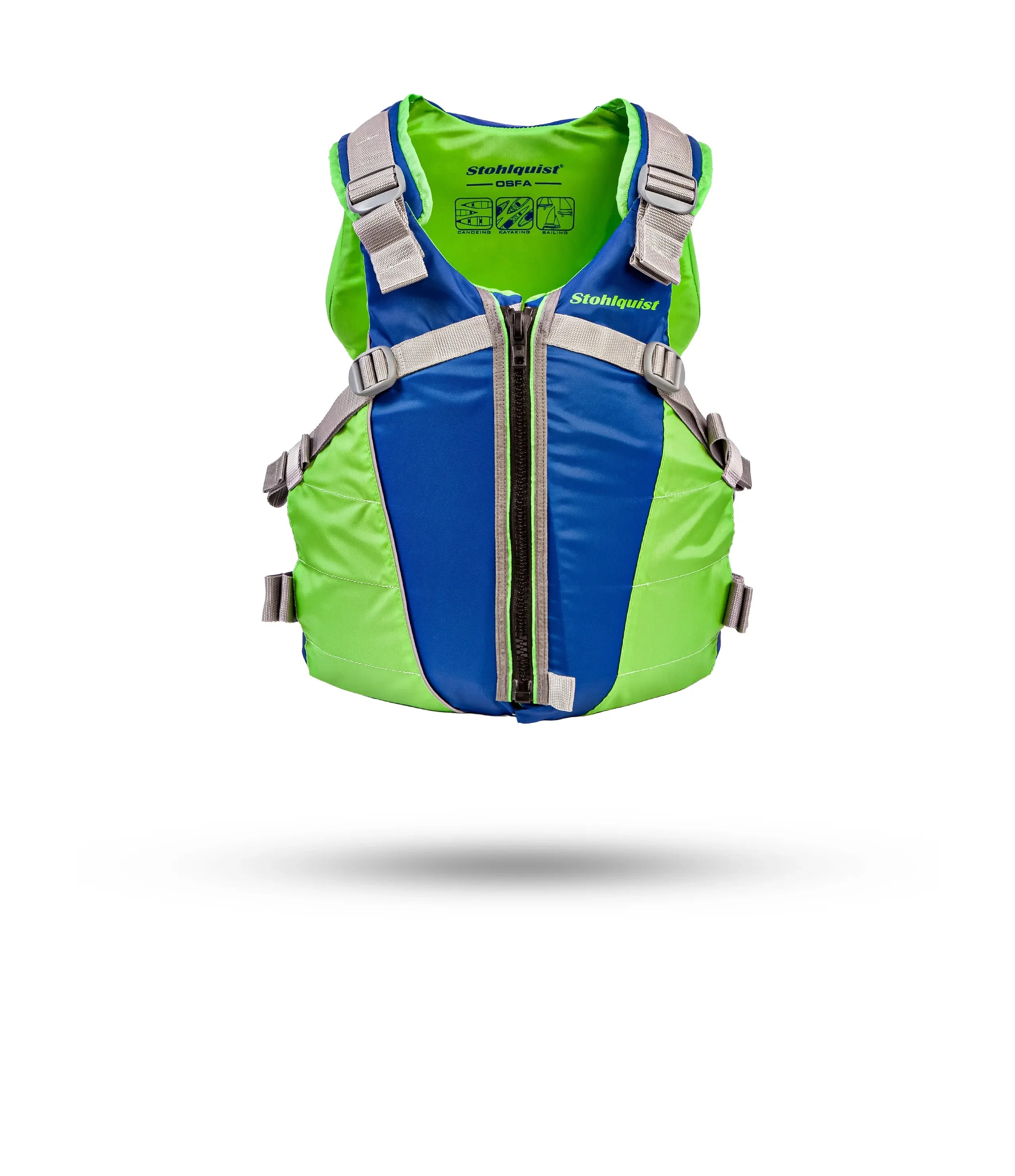 Stohlquist kayak life jacket in blue and green with front zipper and adjustable straps
