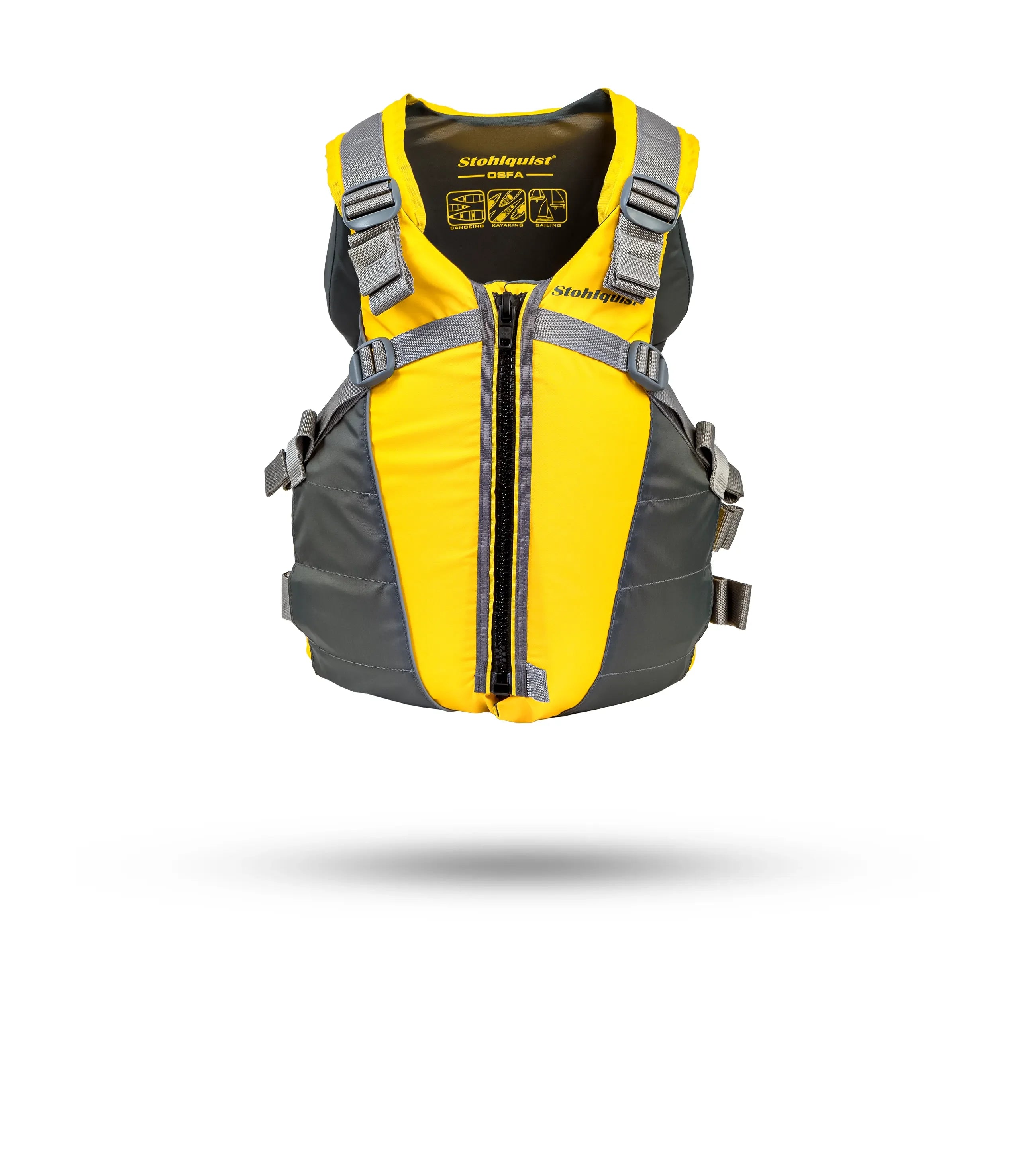 Stohlquist yellow and gray kayaking life jacket with front zipper and adjustable straps