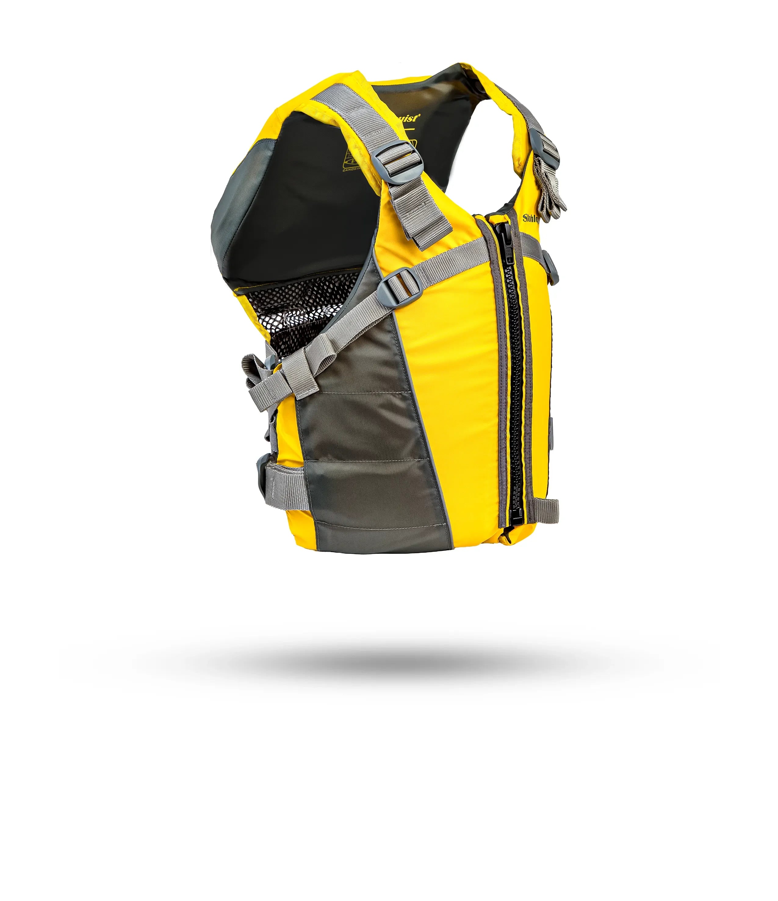 Stohlquist yellow and gray kayaking life jacket with adjustable straps, side view