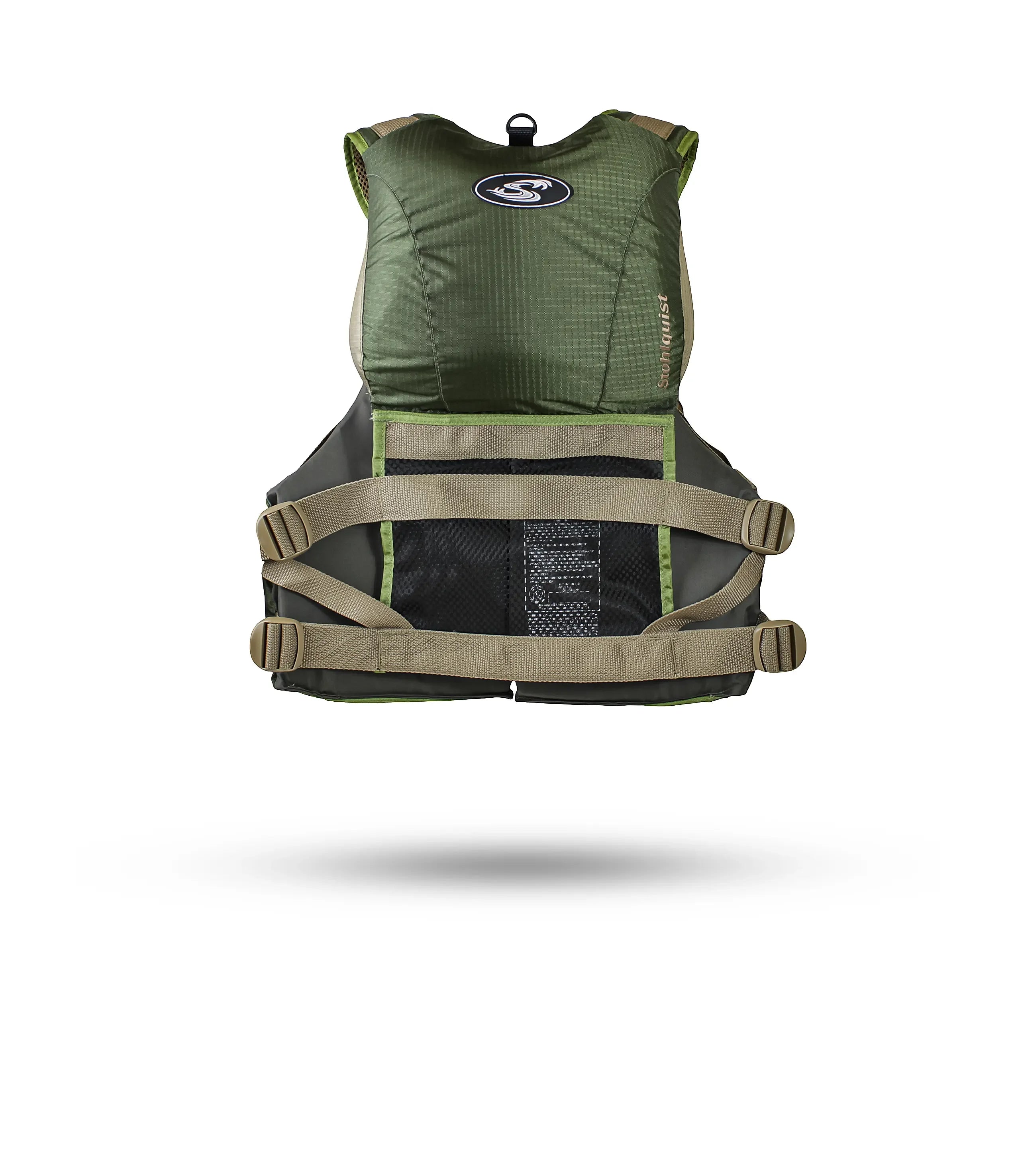 Stohlquist grass green kayak life jacket back view with adjustable straps and mesh panel