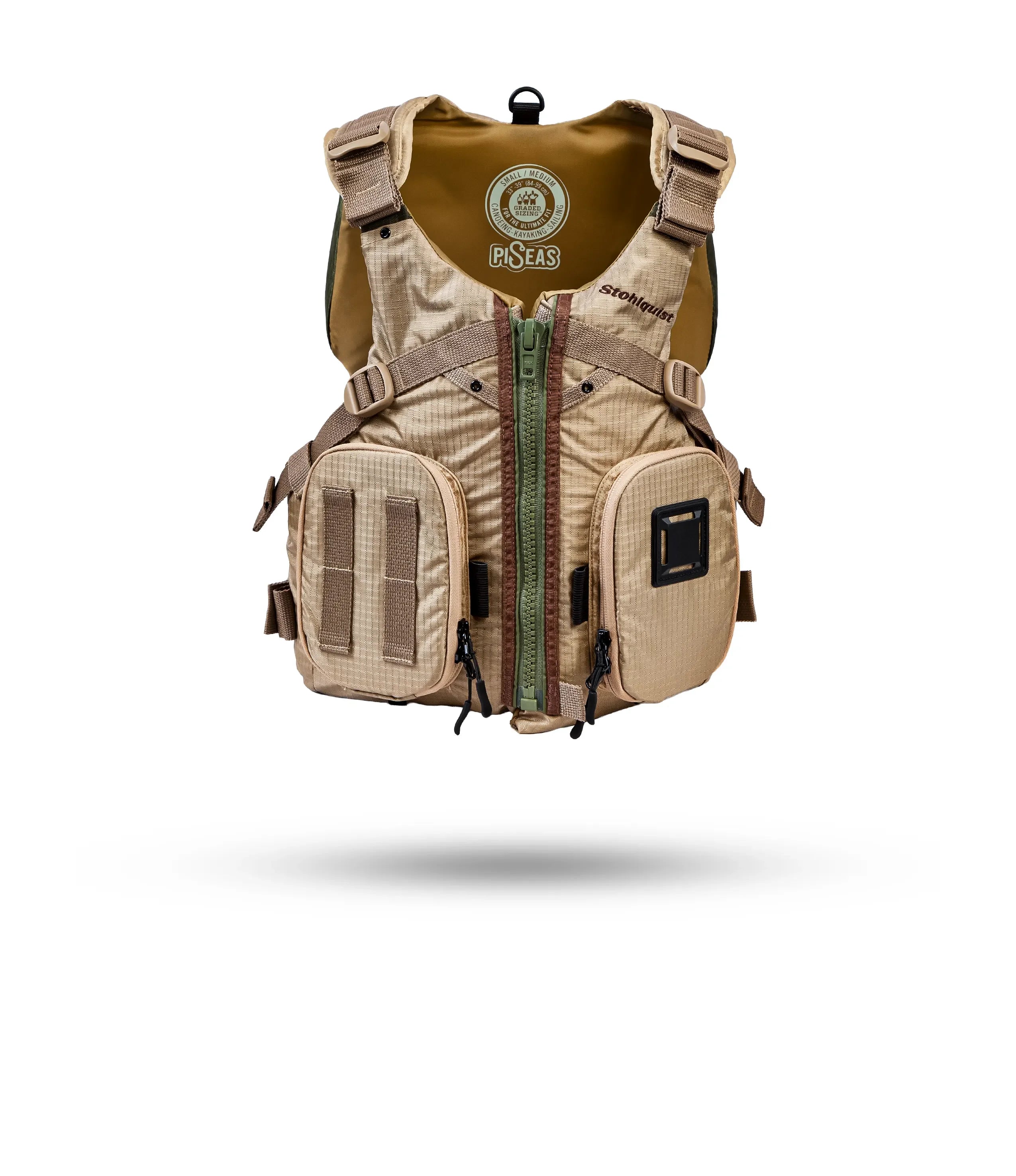 Stohlquist PiSEAS khaki kayak life jacket with front pockets and secure straps