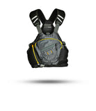 Stohlquist Rocker gray kayak life jacket with front pockets and yellow accents