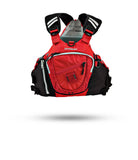 Stohlquist red kayaking life jacket with front pocket, visible straps, and safety features