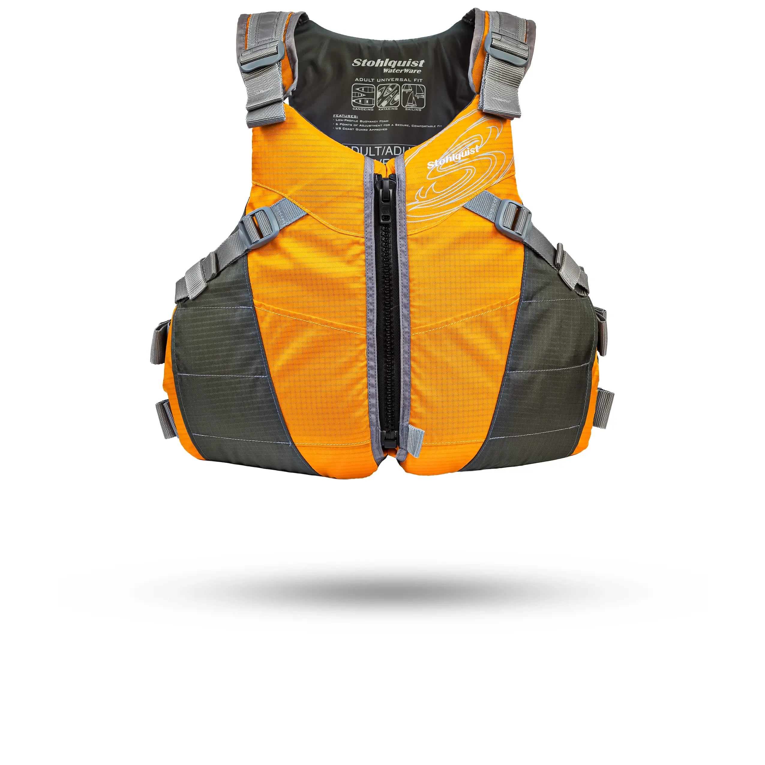 Stohlquist orange and gray kayaking life jacket with front zipper and adjustable straps
