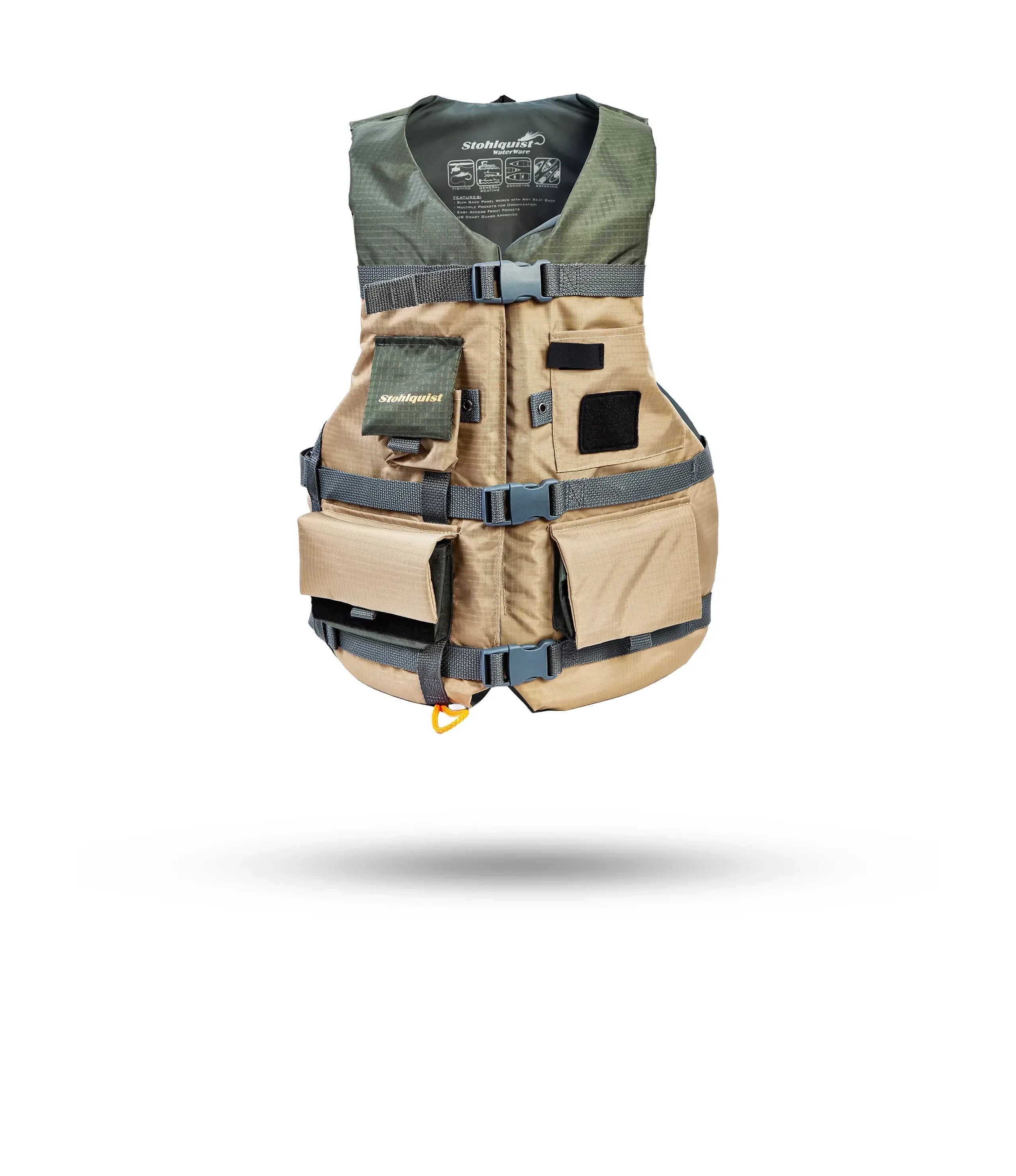 Stohlquist khaki kayak life jacket with front pockets and adjustable straps on white background