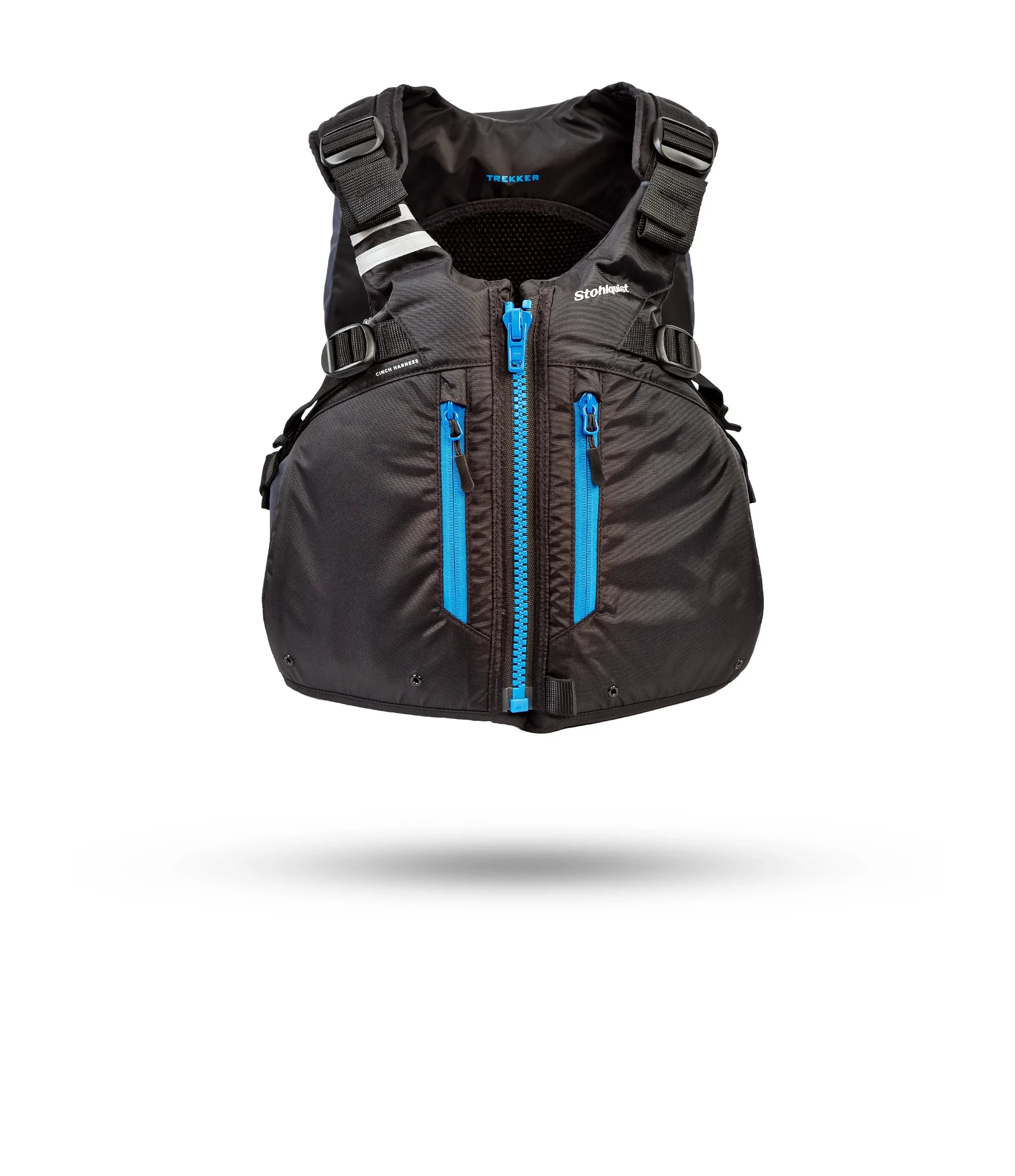 Stohlquist Trekker black kayaking life jacket with blue zippers, front view, isolated on white