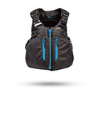 Stohlquist Trekker black kayaking life jacket with blue zippers, front view, isolated on white